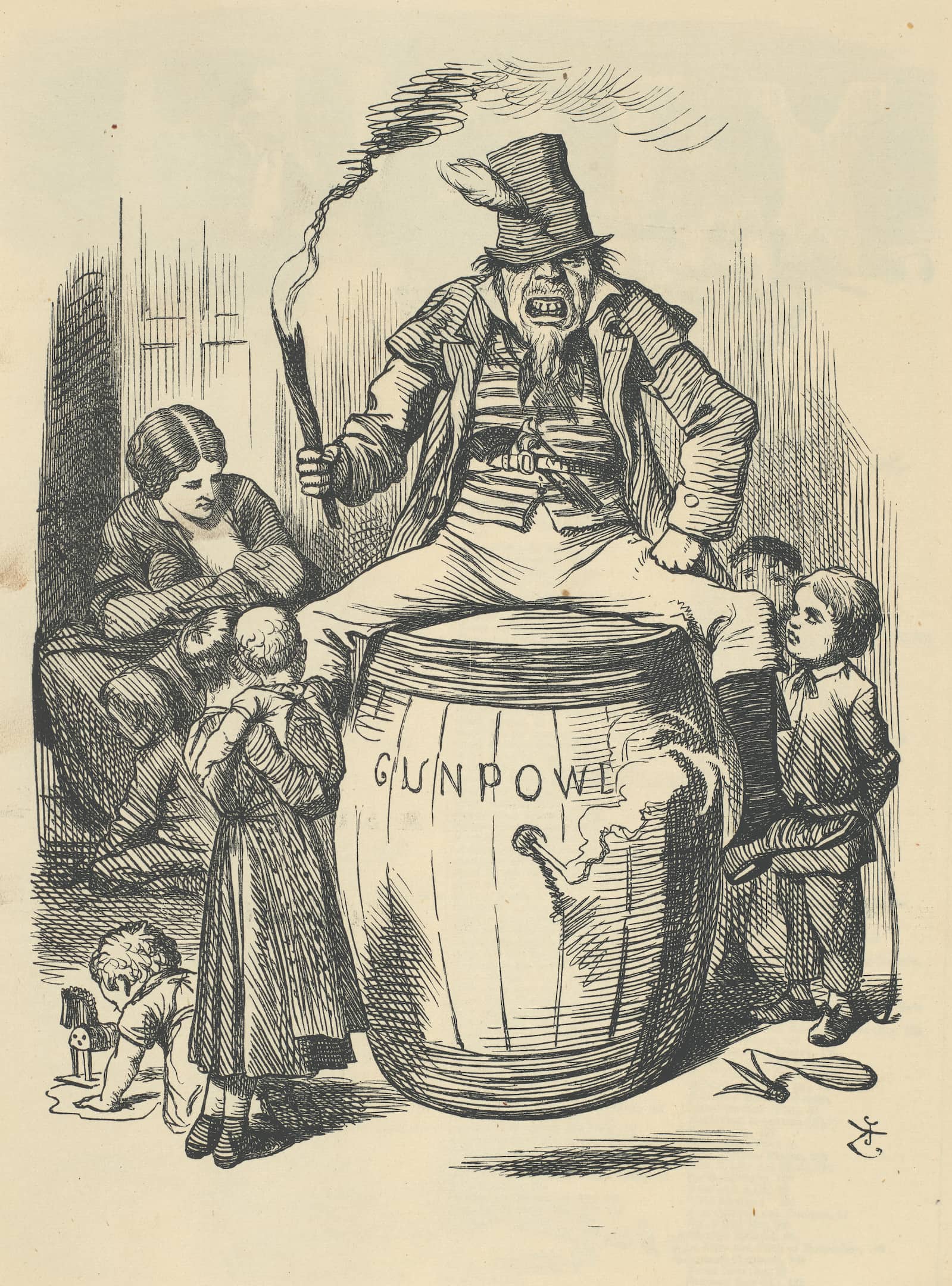 a man sits on a gunpowder barrel with children around it and a mother and baby sit close by