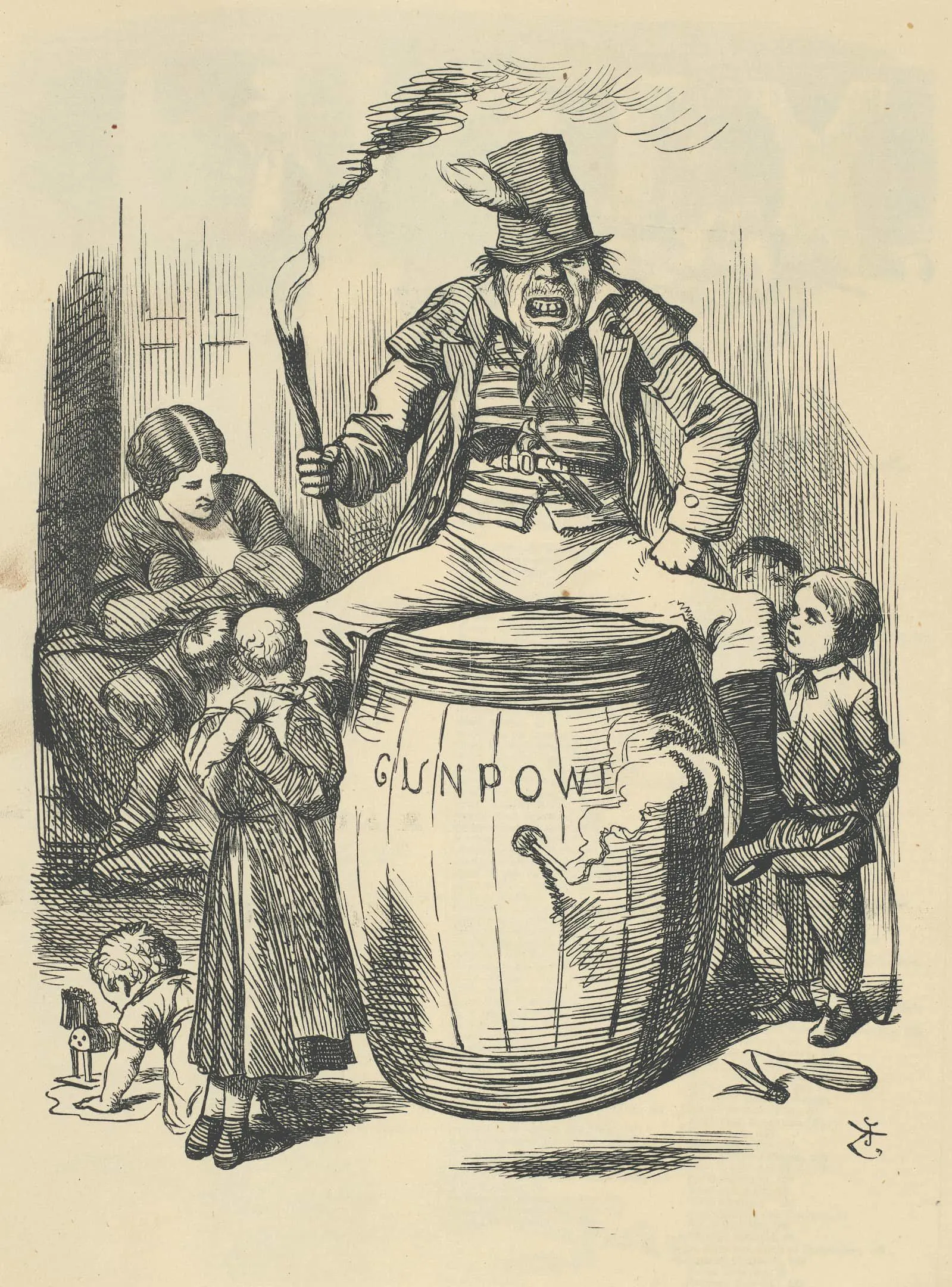 a man sits on a gunpowder barrel with children around it and a mother and baby sit close by