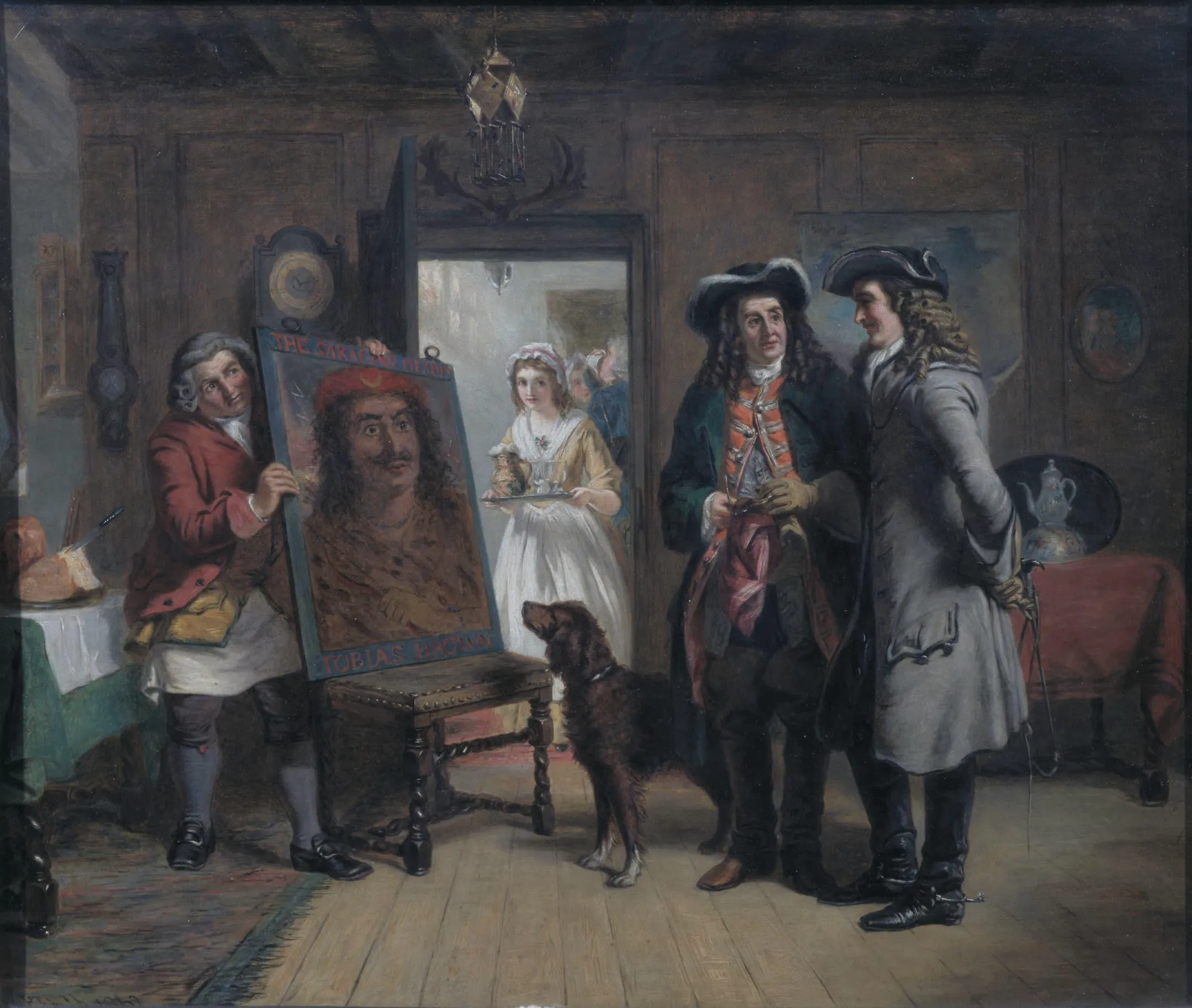 men look at a painting in a room as a dog stands by