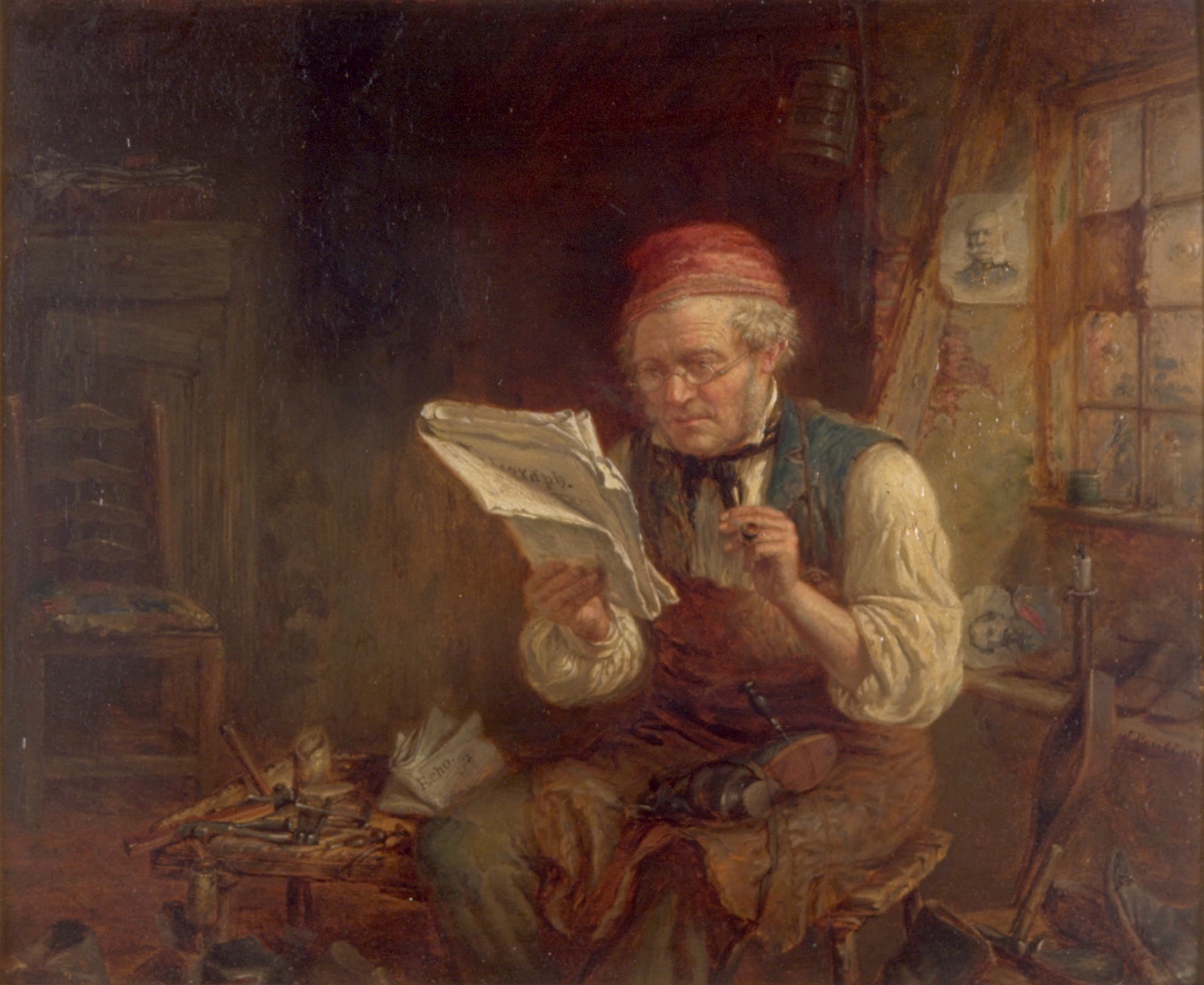 A cobbler sits on a stool with a boot in his lap reading a paper