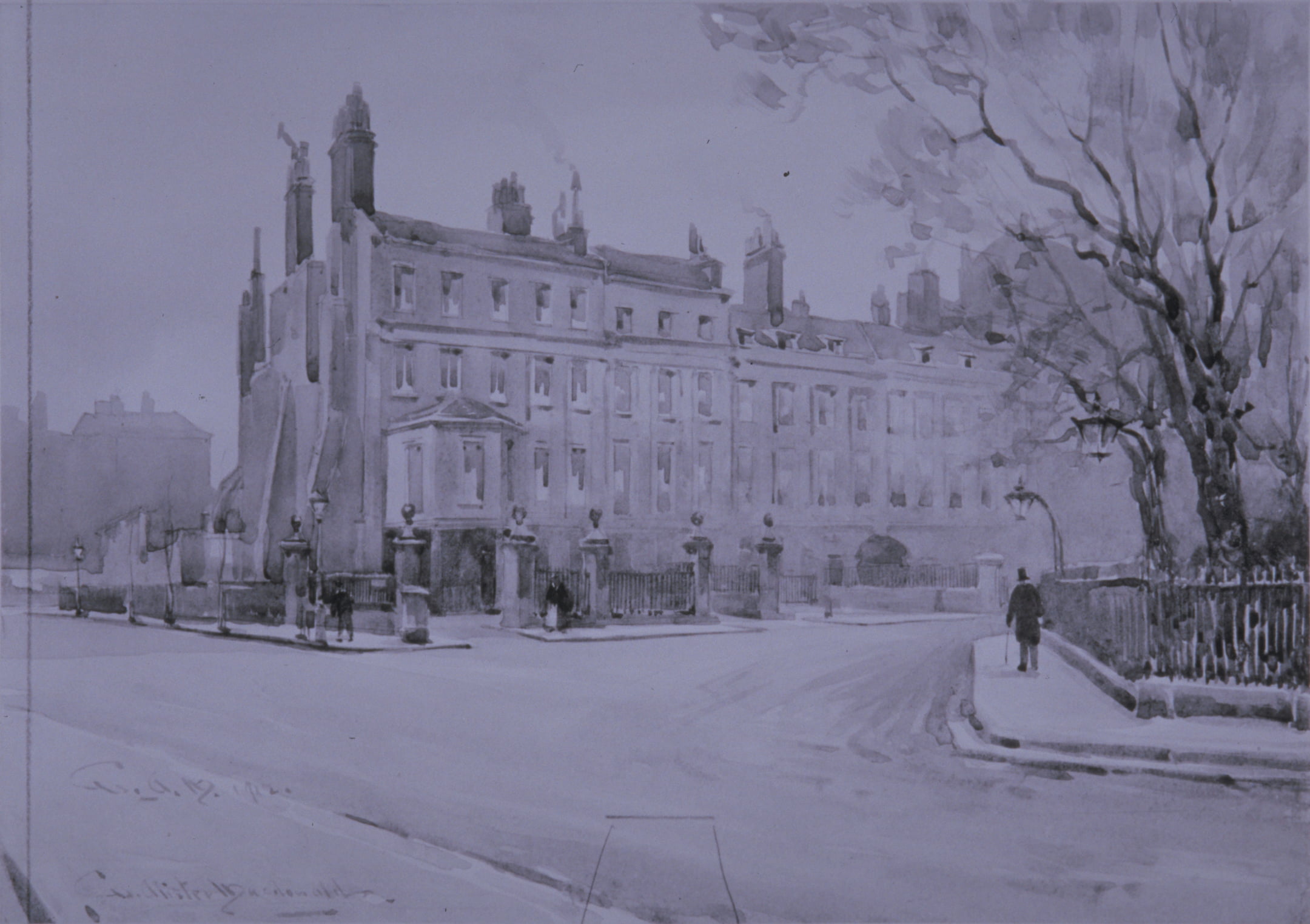 a drawing of buildings on the corner of a square with trees on the right