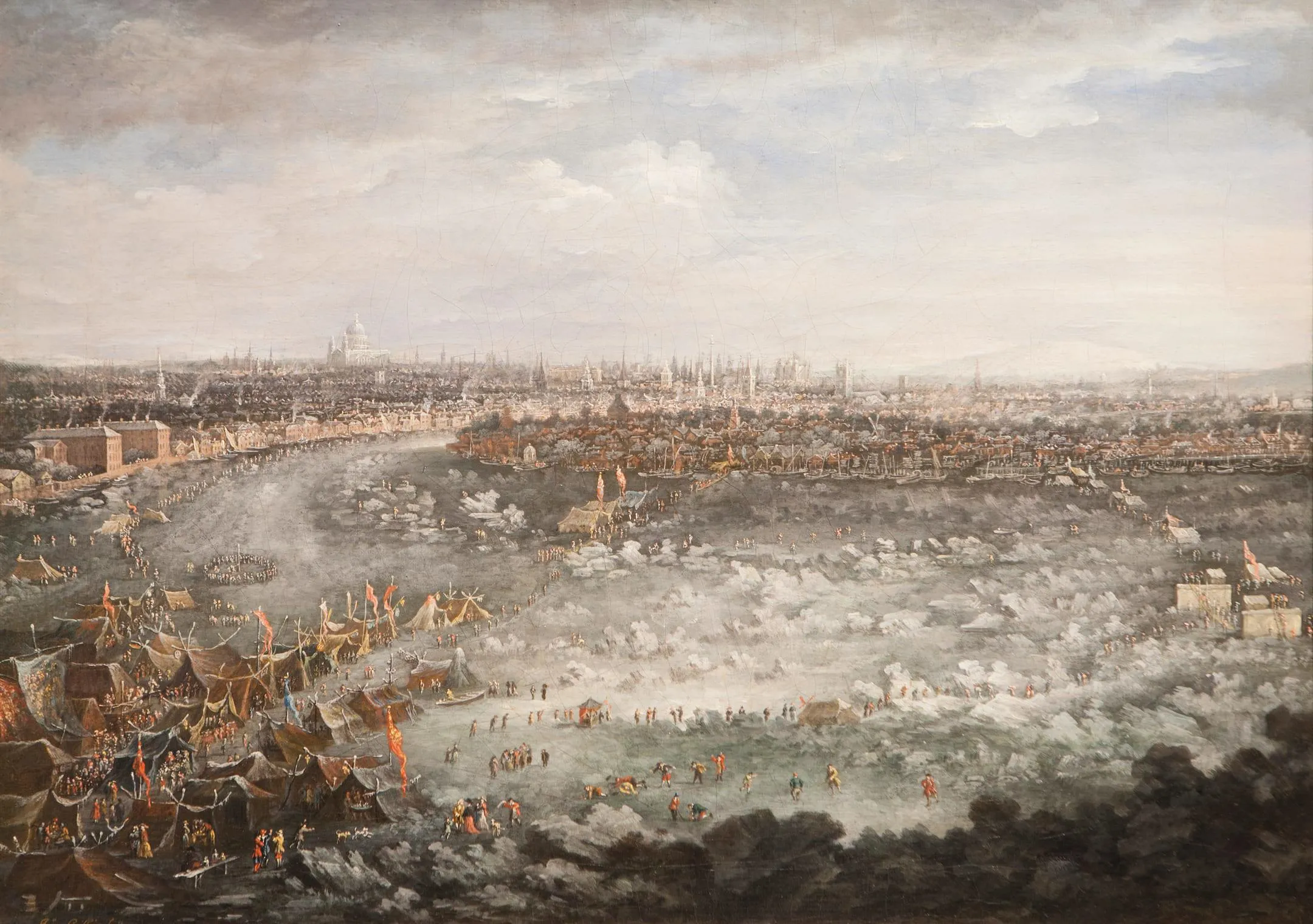 The Thames during the Great Frost of 1739, with fair on the ice.