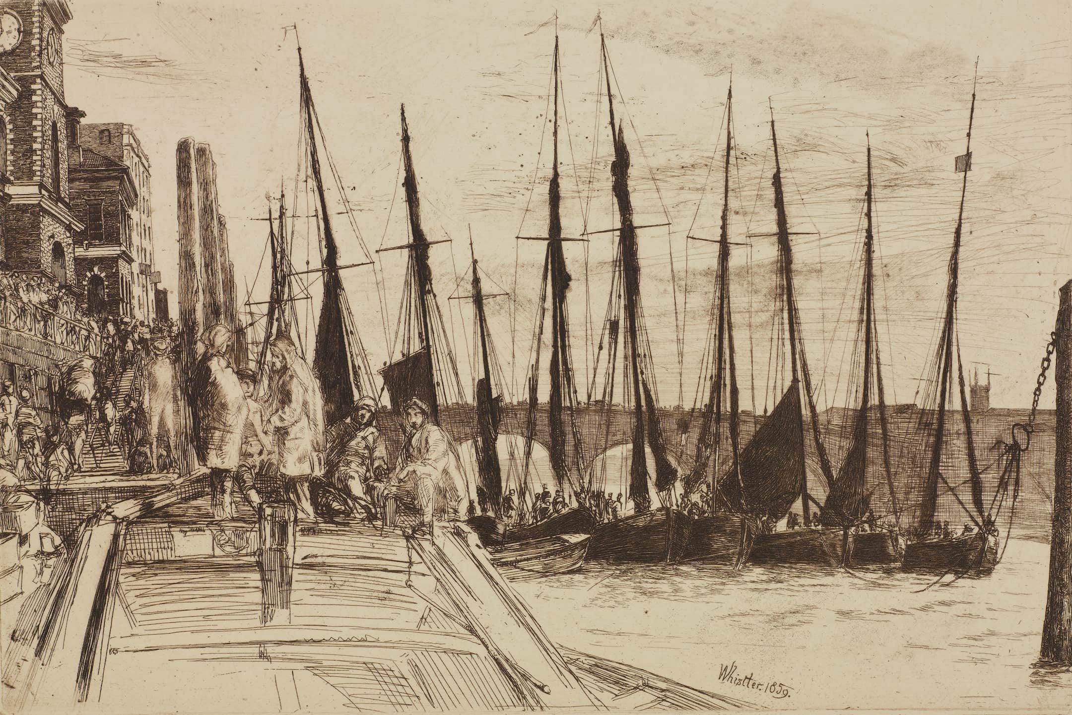 a row of boats some with sails and fishermen on the quayside