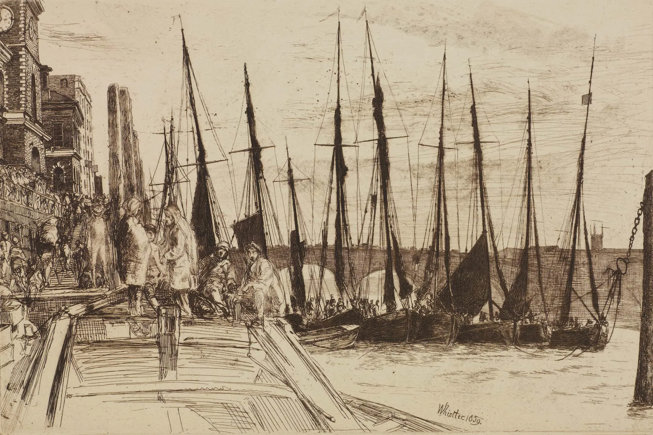 a row of boats some with sails and fishermen on the quayside