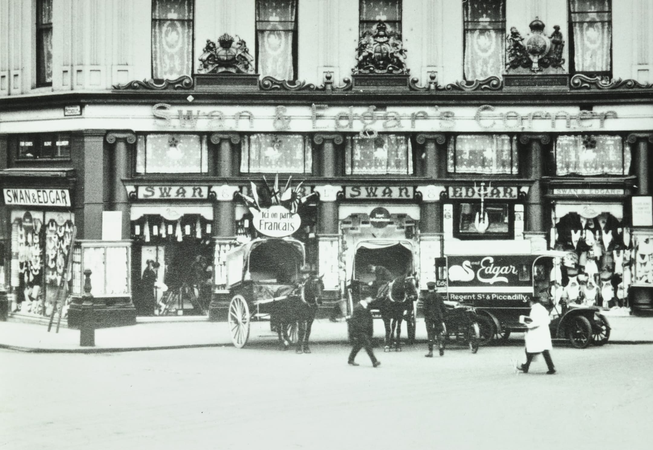 shop front of Swan and Edgar with horse and cart and people outside