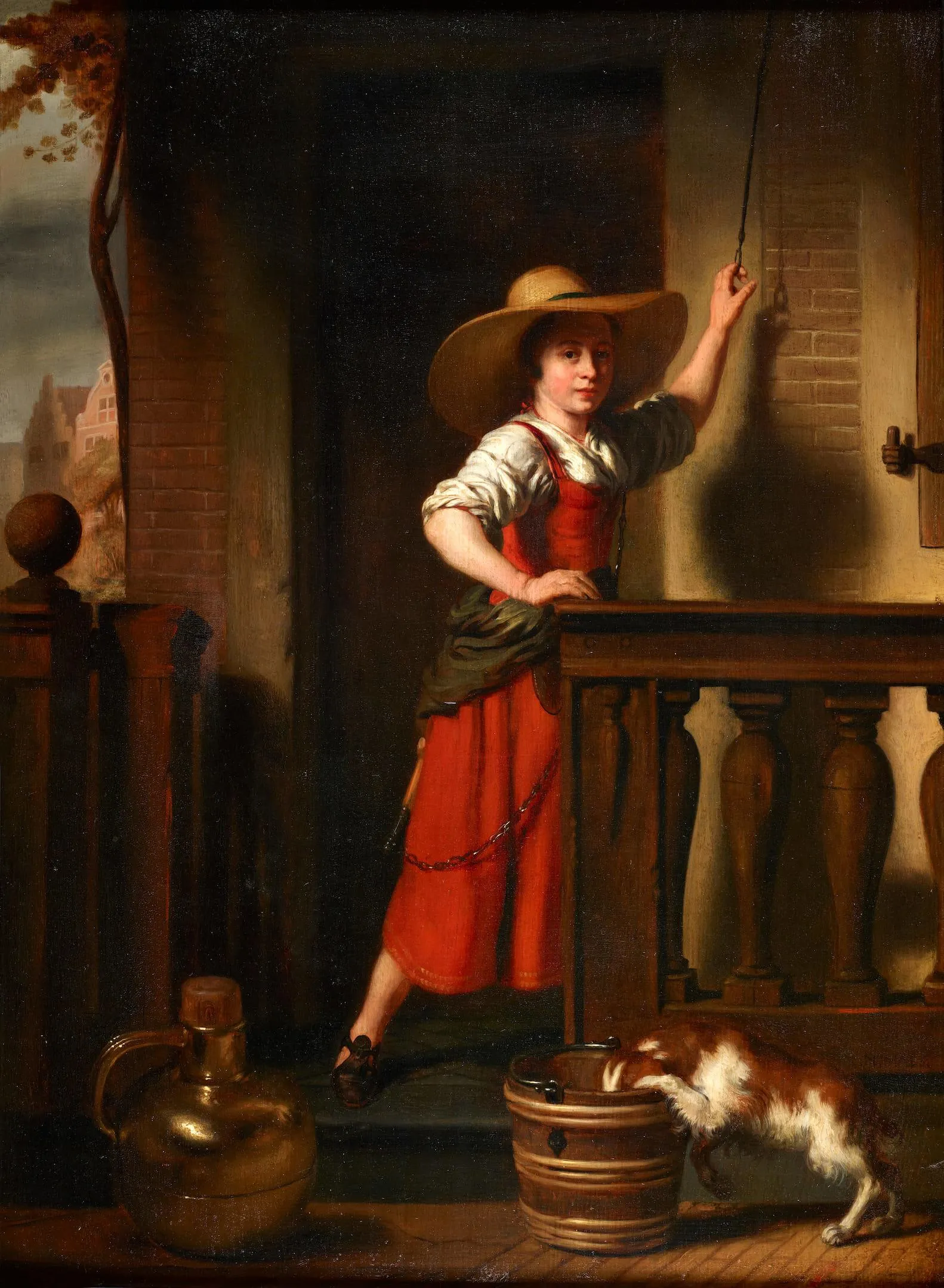 A woman dressed in red selling milk.