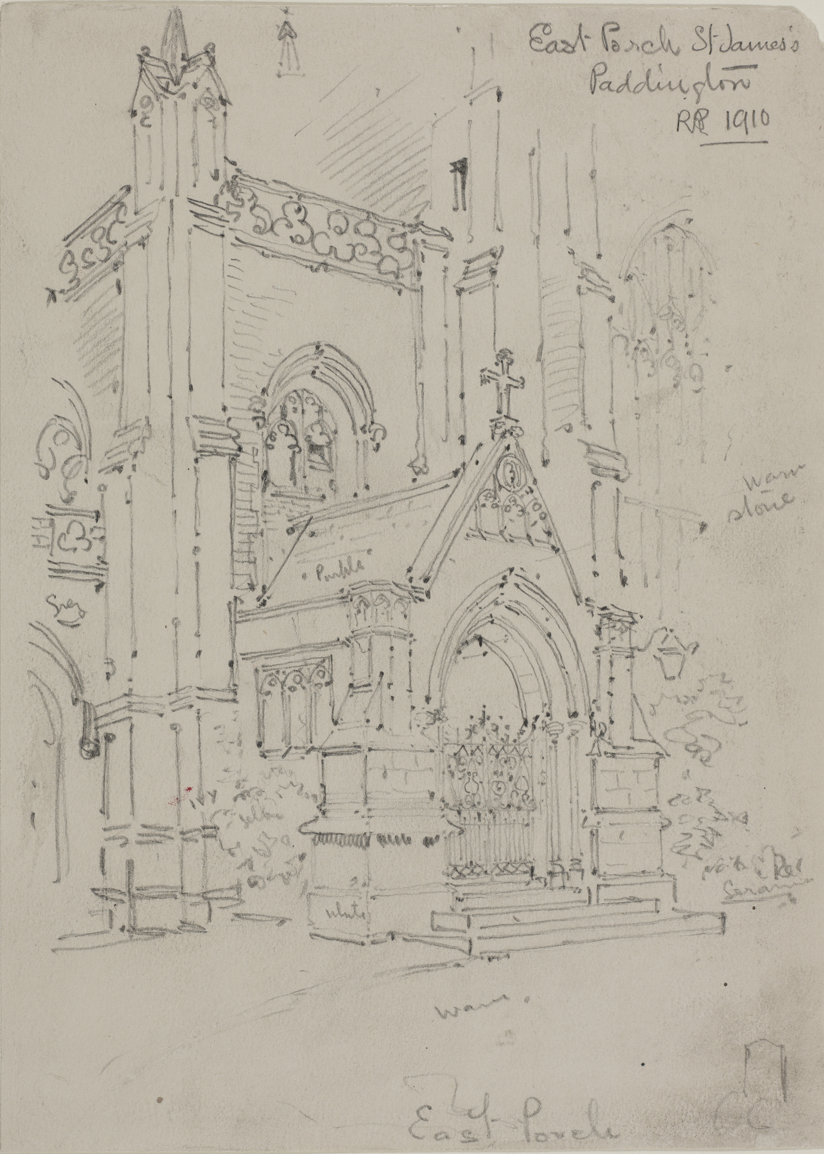 Sketch of outside of Church, archway door, cross above the door