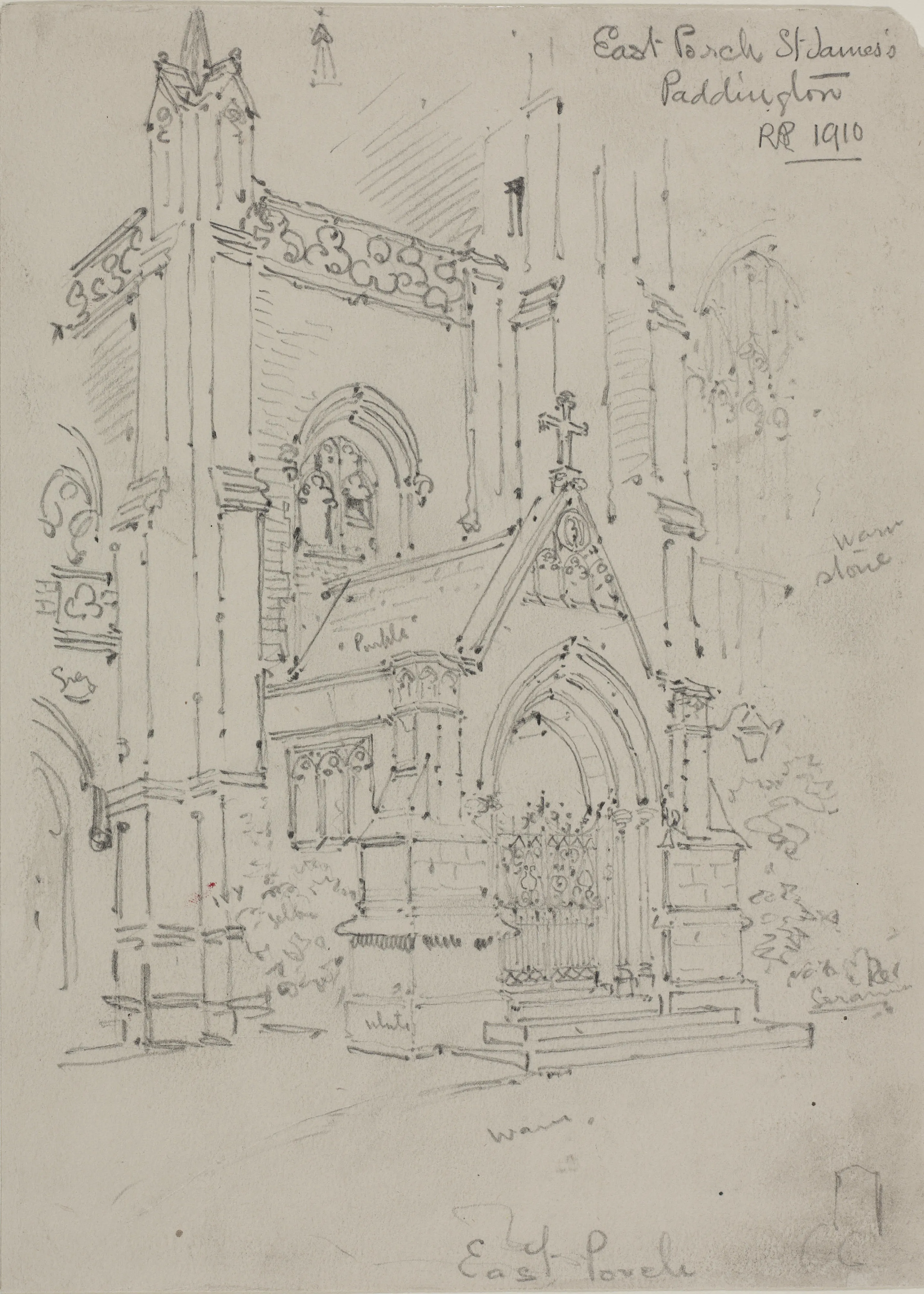Sketch of outside of Church, archway door, cross above the door
