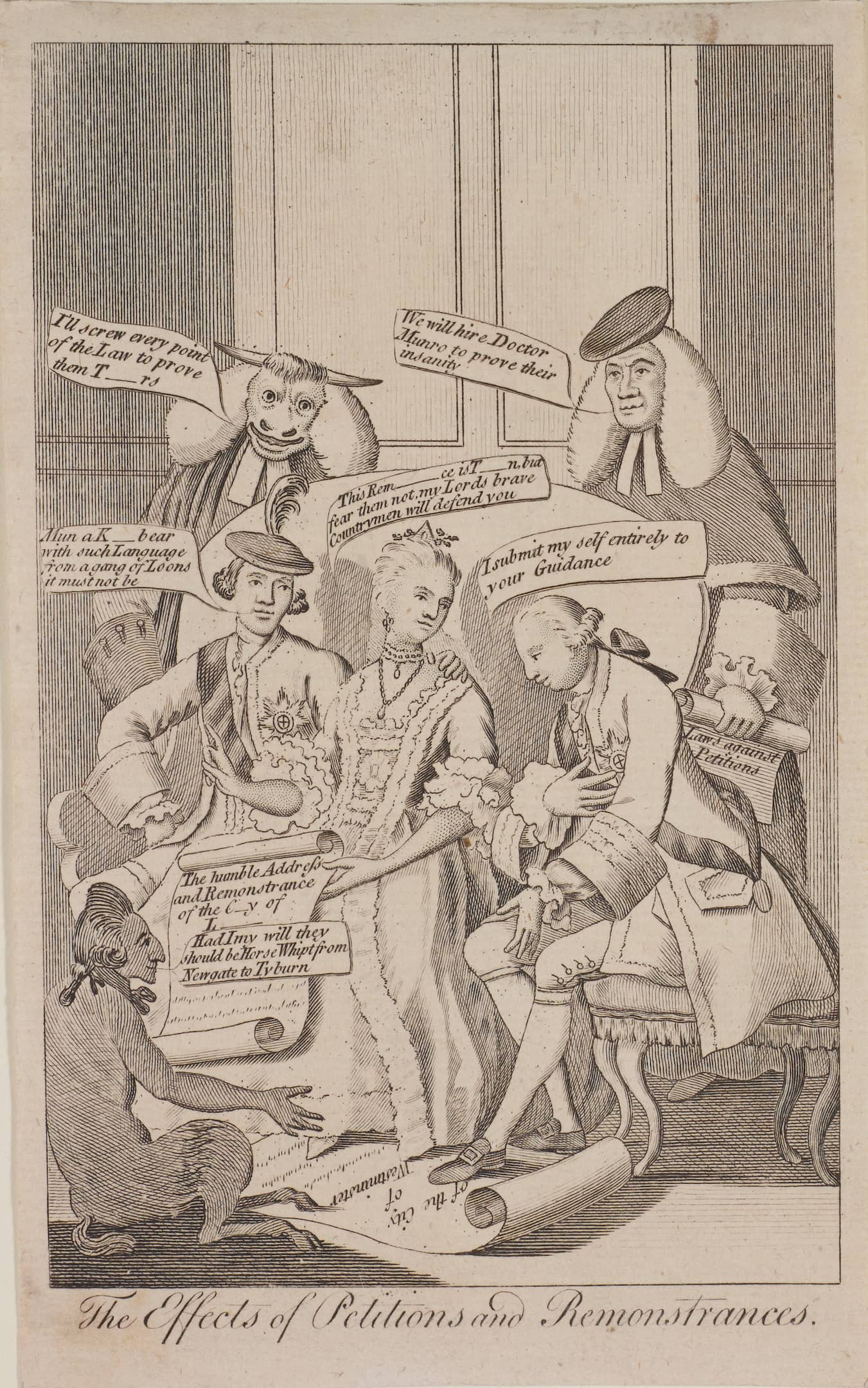a woman sits prominently in the centre with other men and speech bubbles around her