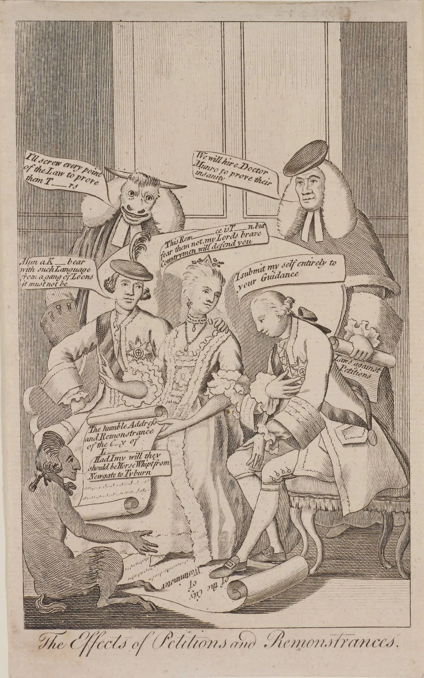 a woman sits prominently in the centre with other men and speech bubbles around her
