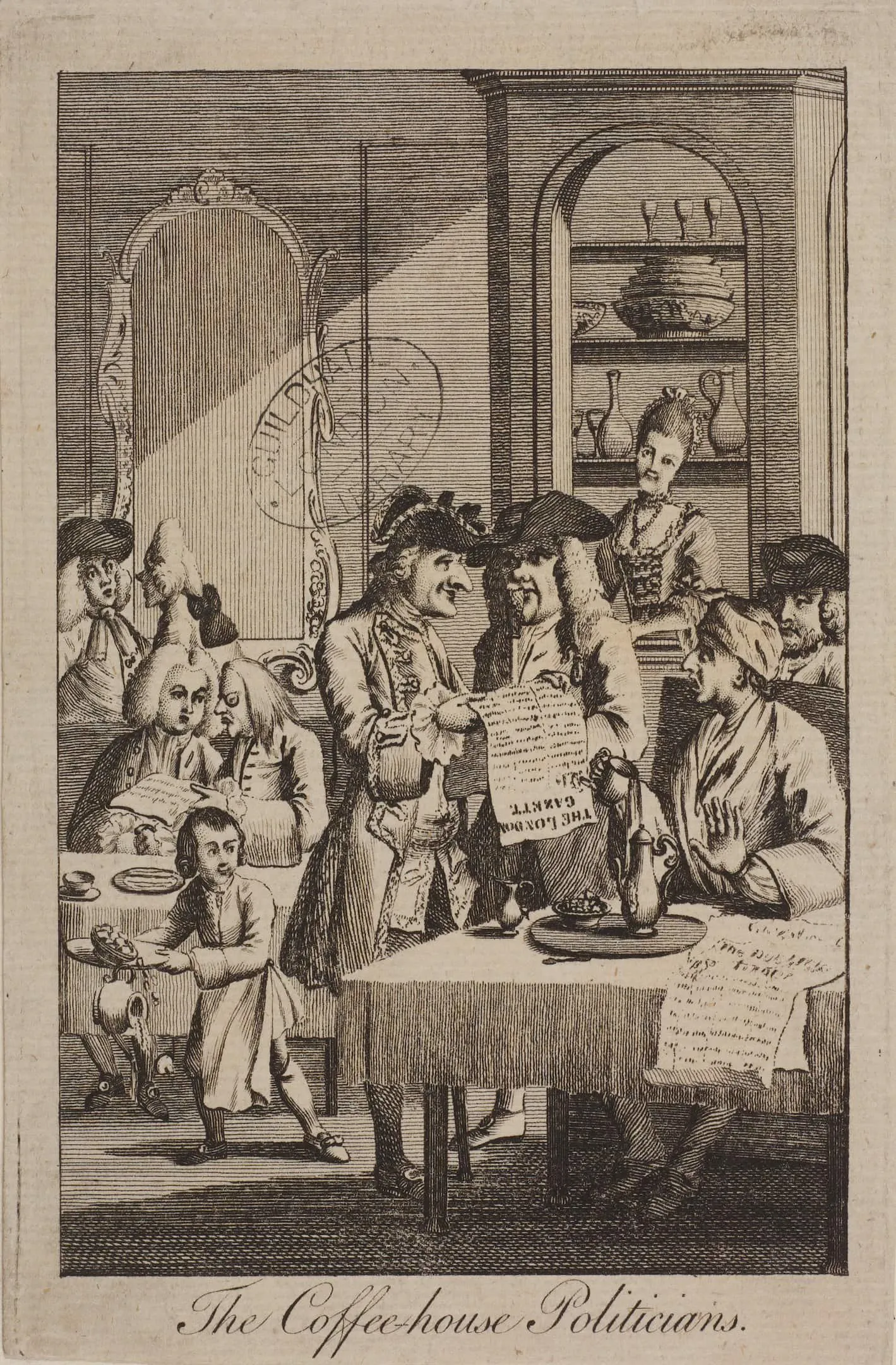 interior view of a London Coffee-house. Clients absorbed in newspapers. A woman stands at the back.