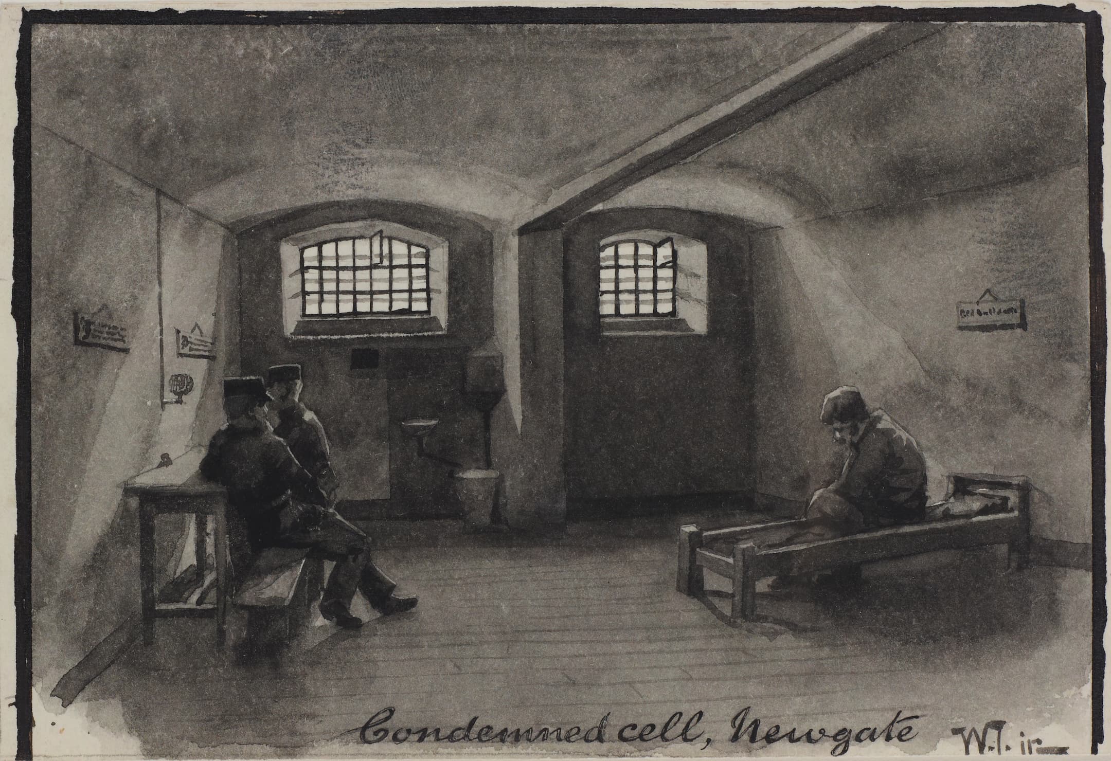 View of a cell in Newgate Prison, showing a prisoner sitting on a bed and two guards