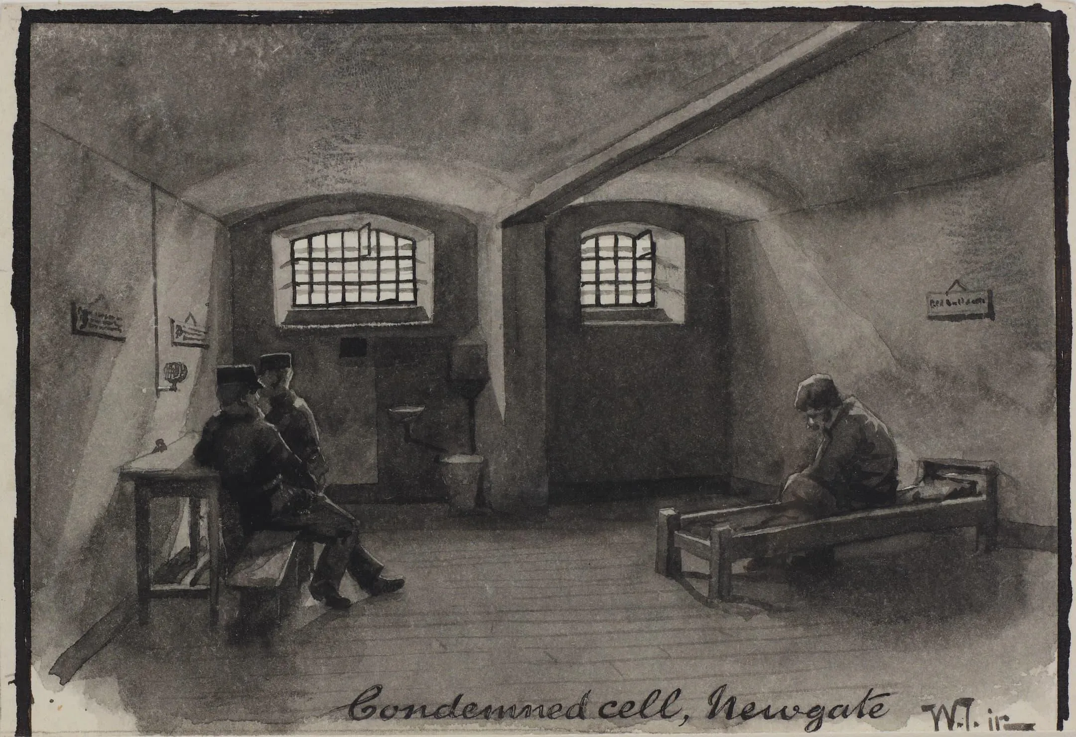 View of a cell in Newgate Prison, showing a prisoner sitting on a bed and two guards