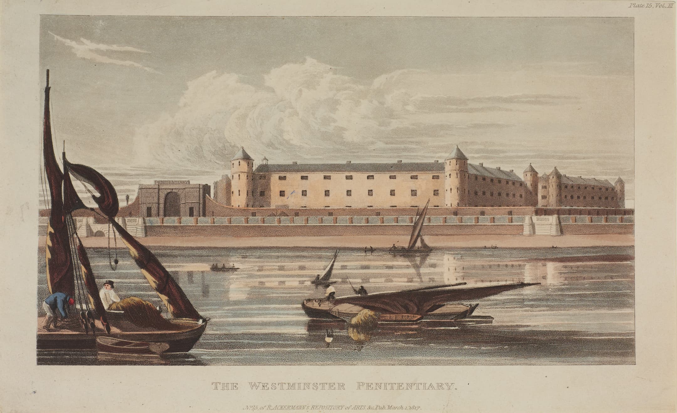 a prison building by the river with boats in the foreground