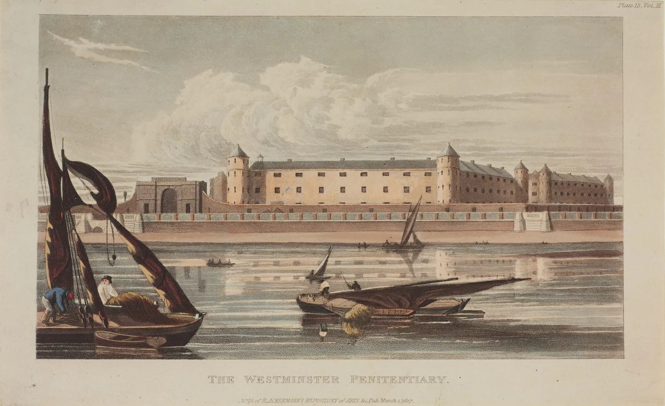 a prison building by the river with boats in the foreground