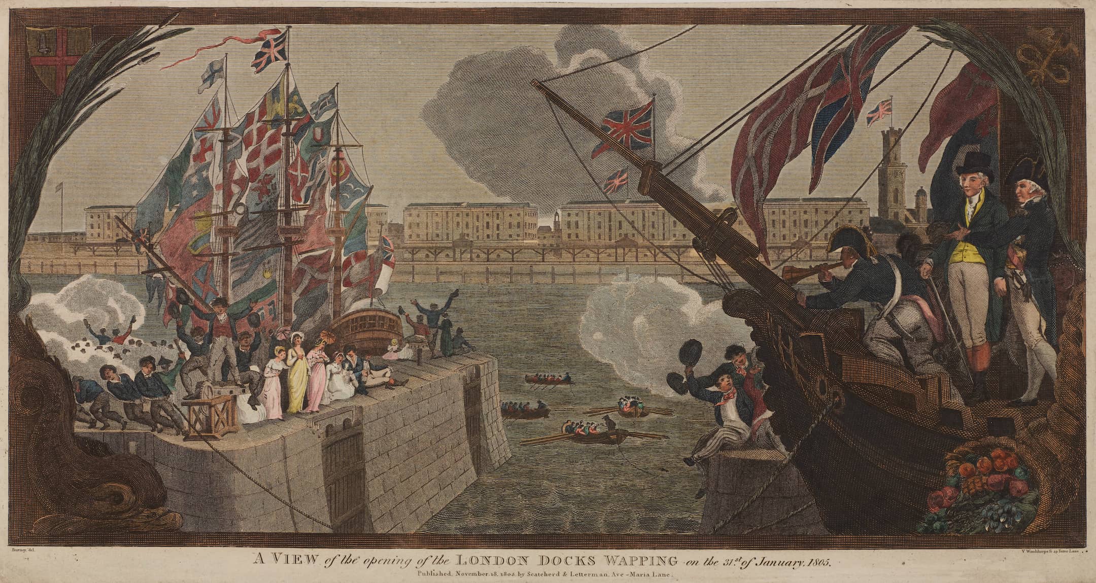 a large ship sits dockside with lots of celebratory flags and puffs of smoke