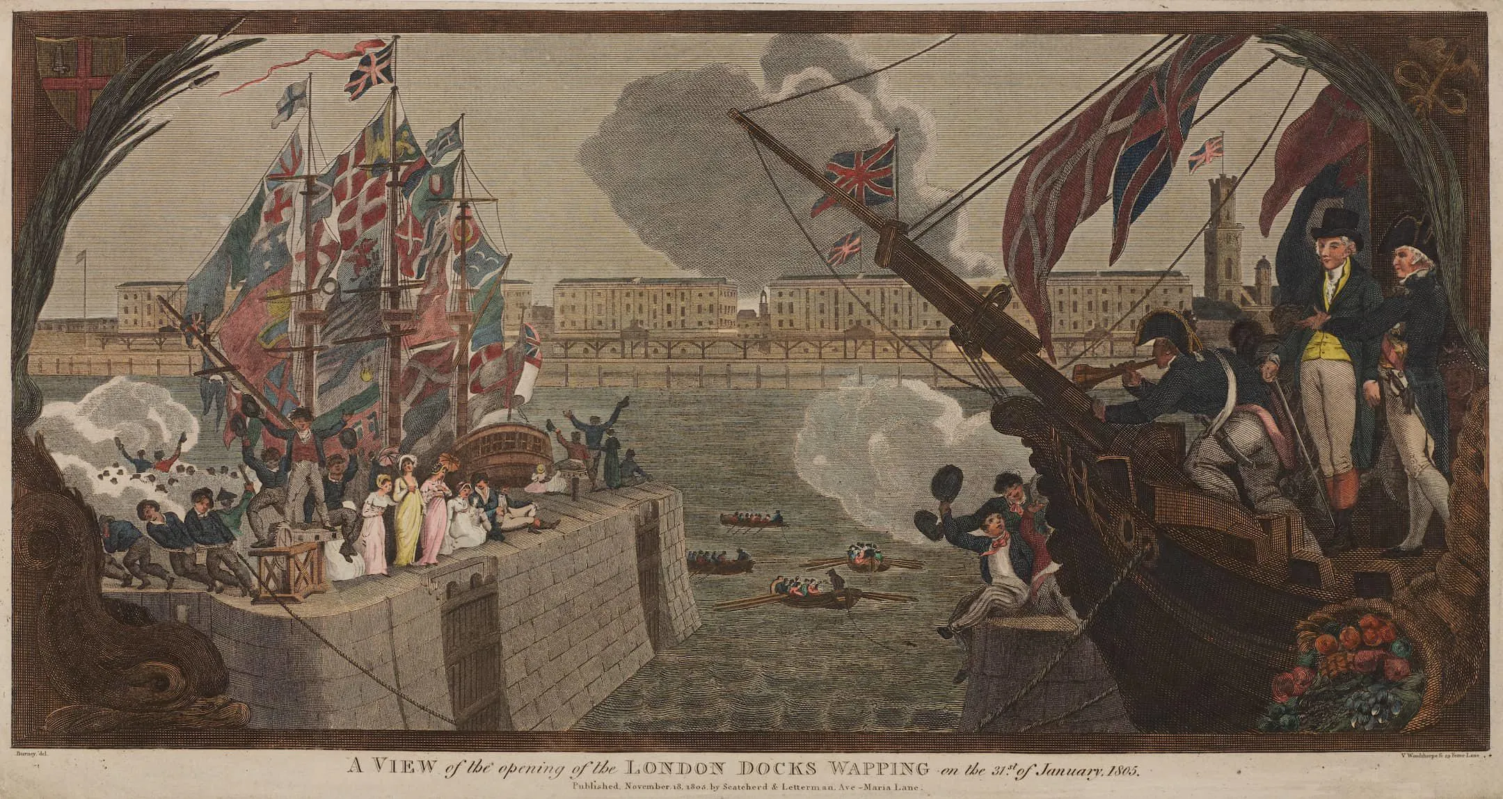 a large ship sits dockside with lots of celebratory flags and puffs of smoke