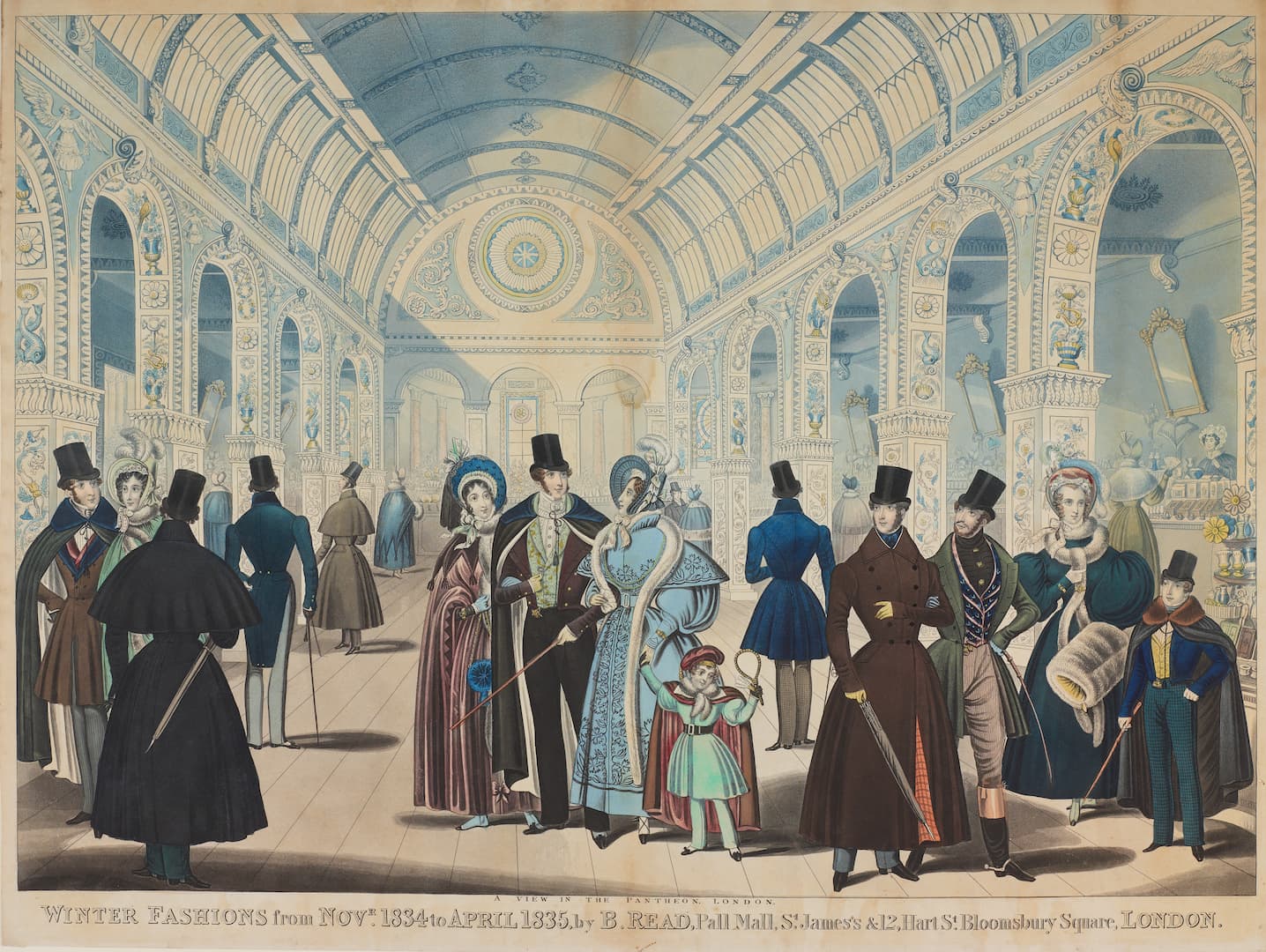 View of figures wearing winter fashions in the Pantheon, on Oxford Street