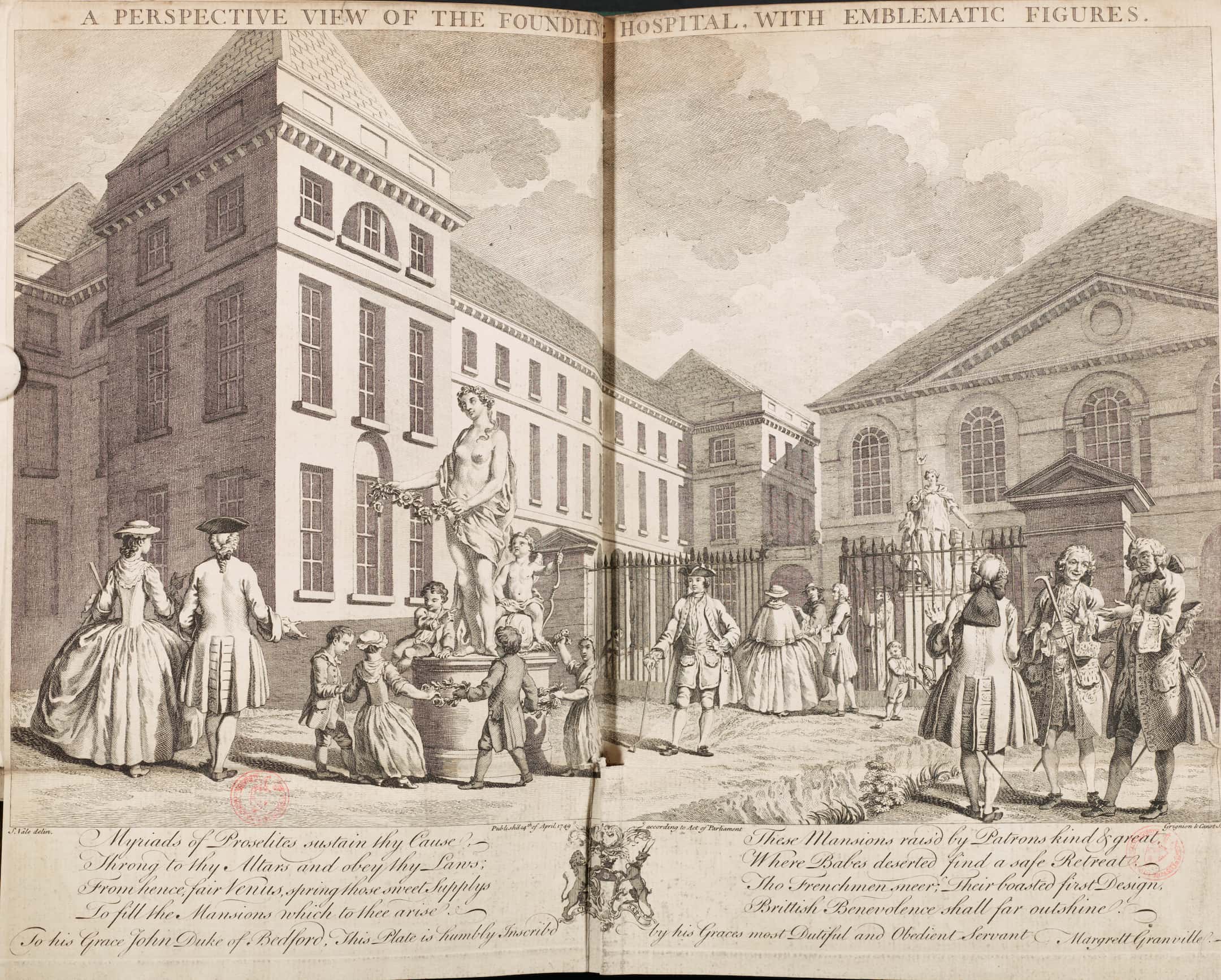 a large building with people be the gates in eighteenth-century dress