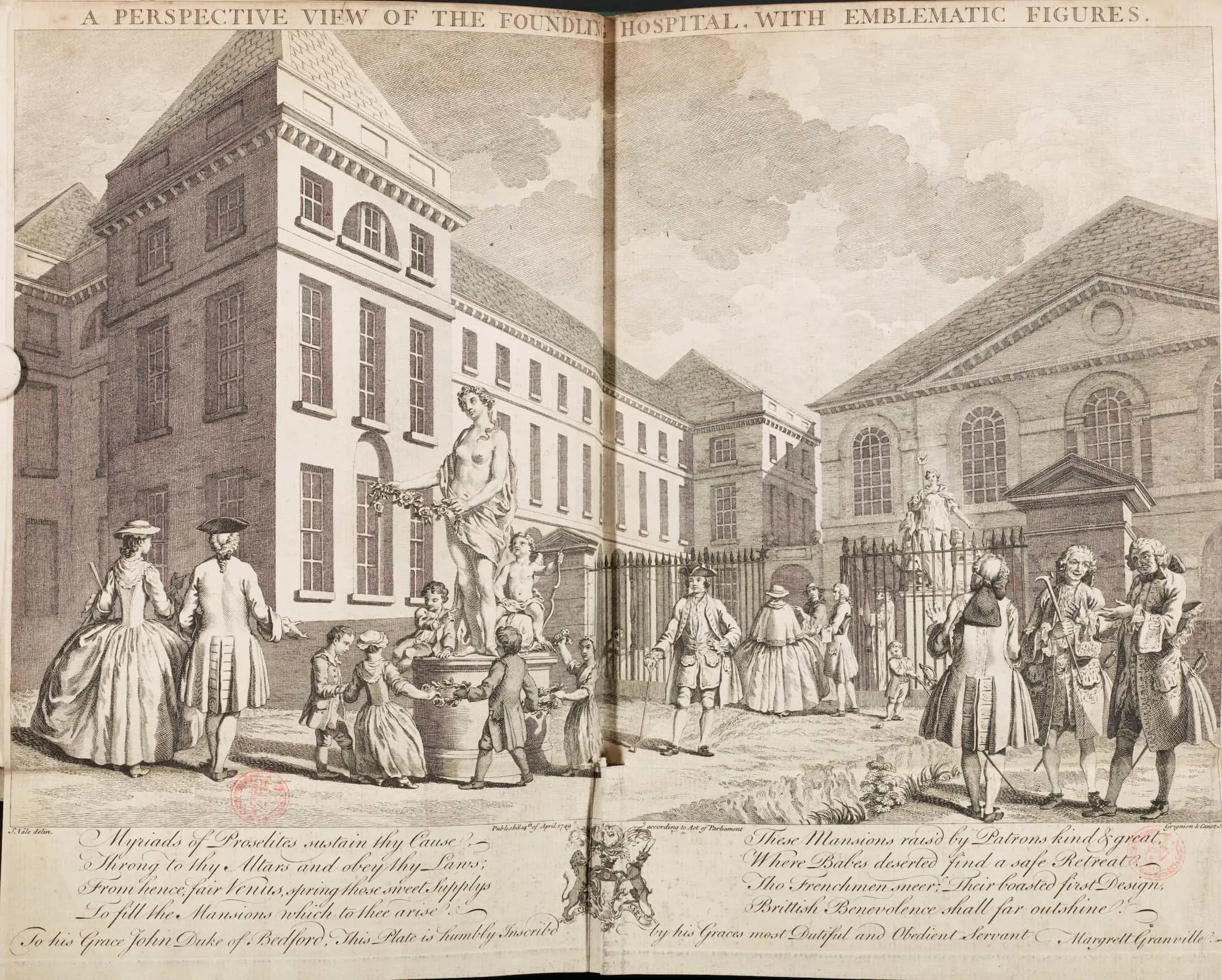 a large building with people be the gates in eighteenth-century dress