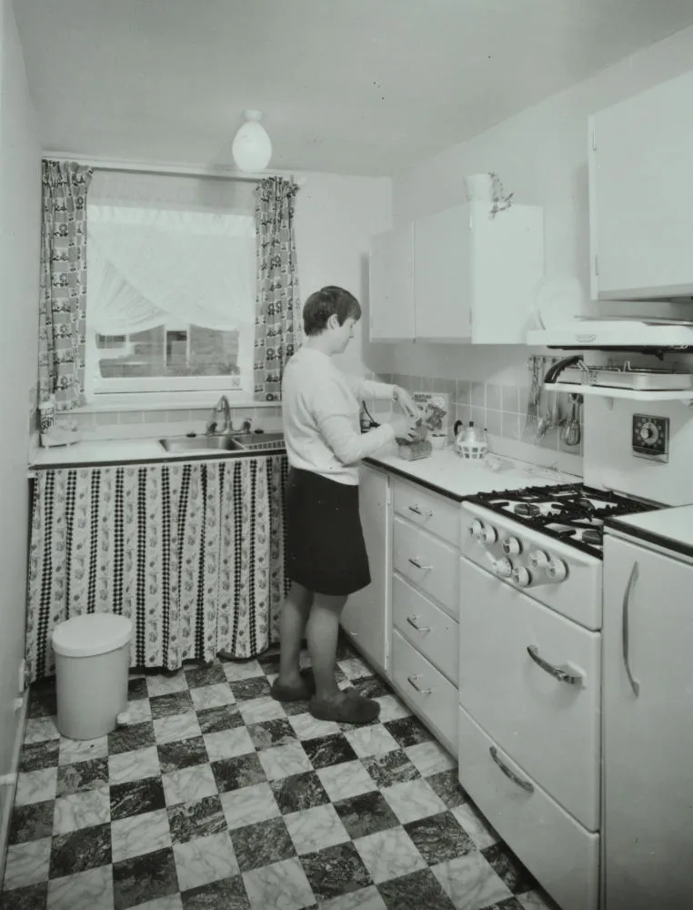 Woman standing in the kitchen at an Andover Town Development, 1969