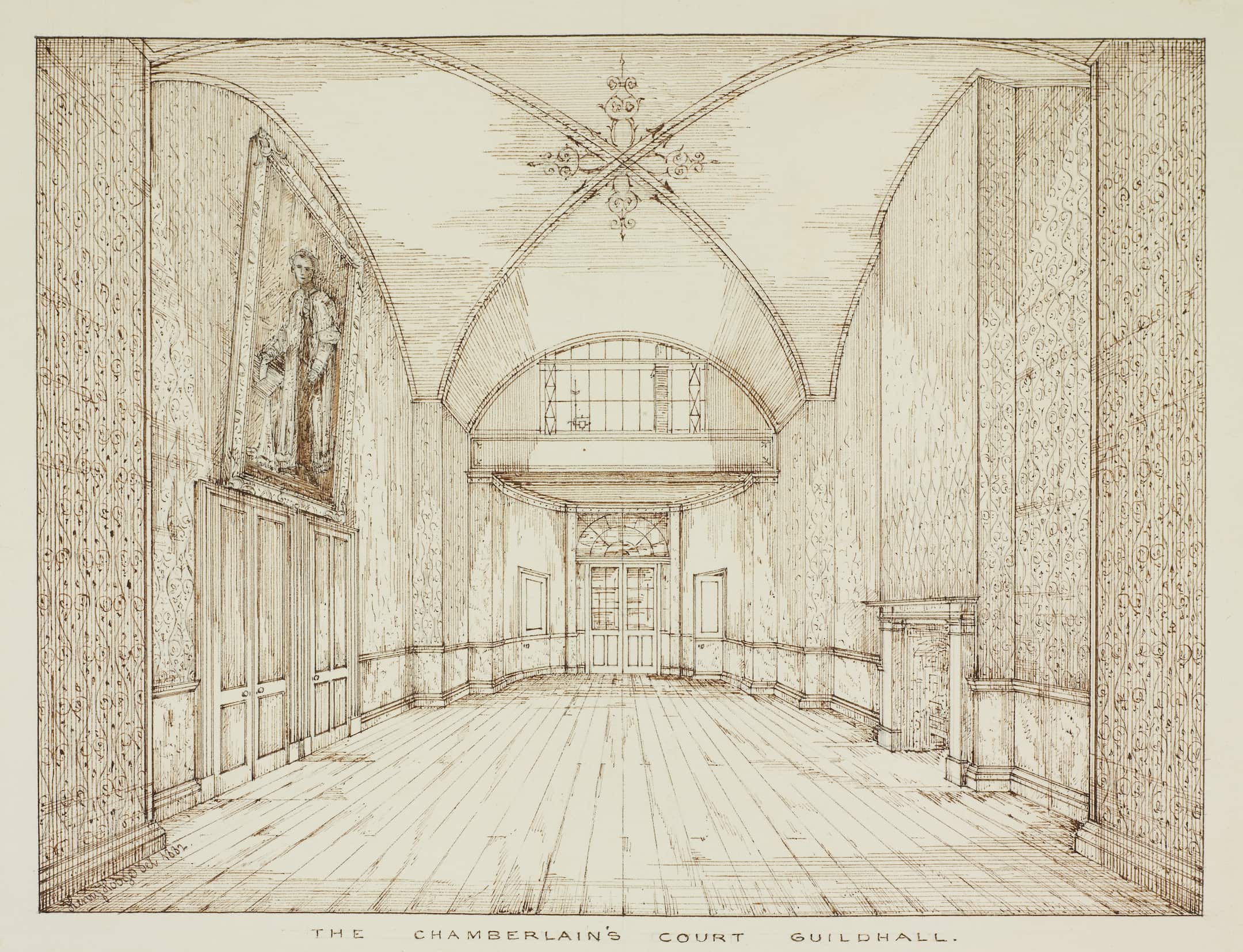 a long room with a vaulted ceiling and a picture above a doorway