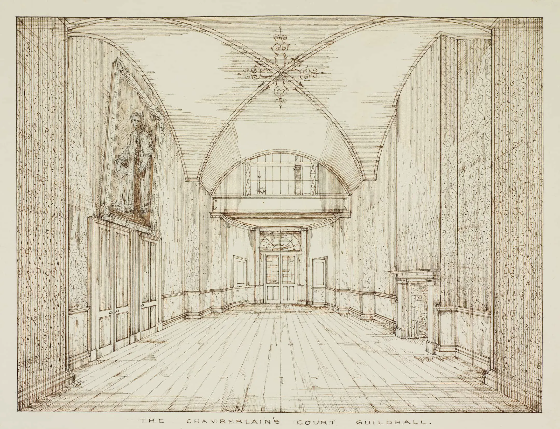 a long room with a vaulted ceiling and a picture above a doorway