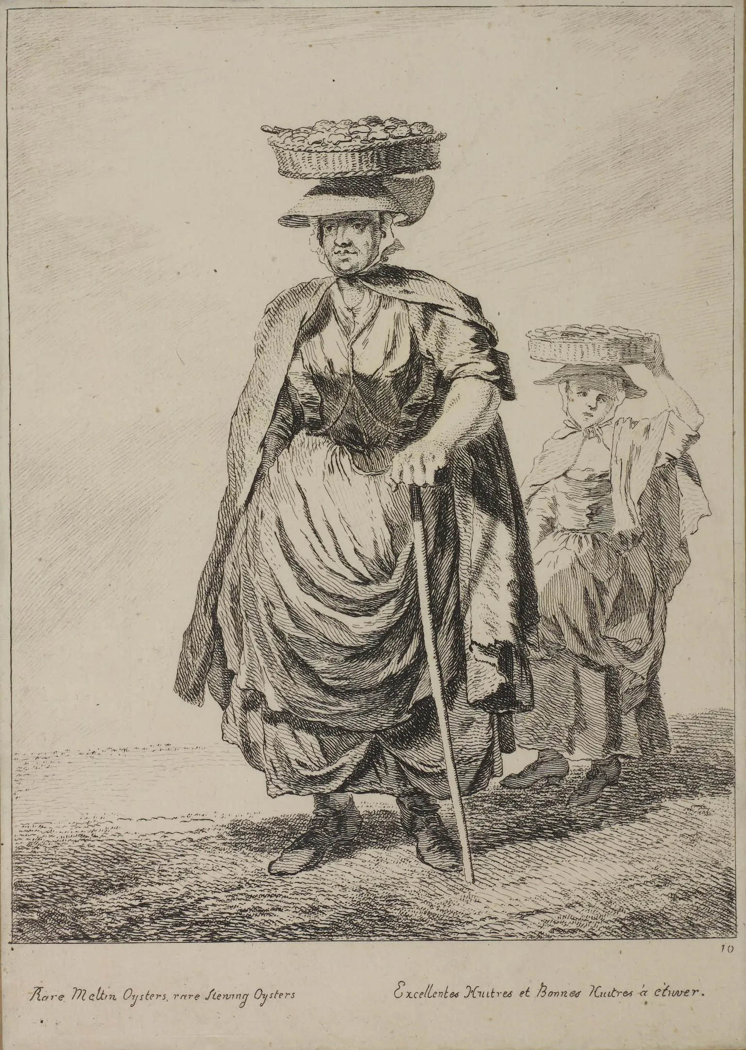 two people carry baskets of oysters on their heads