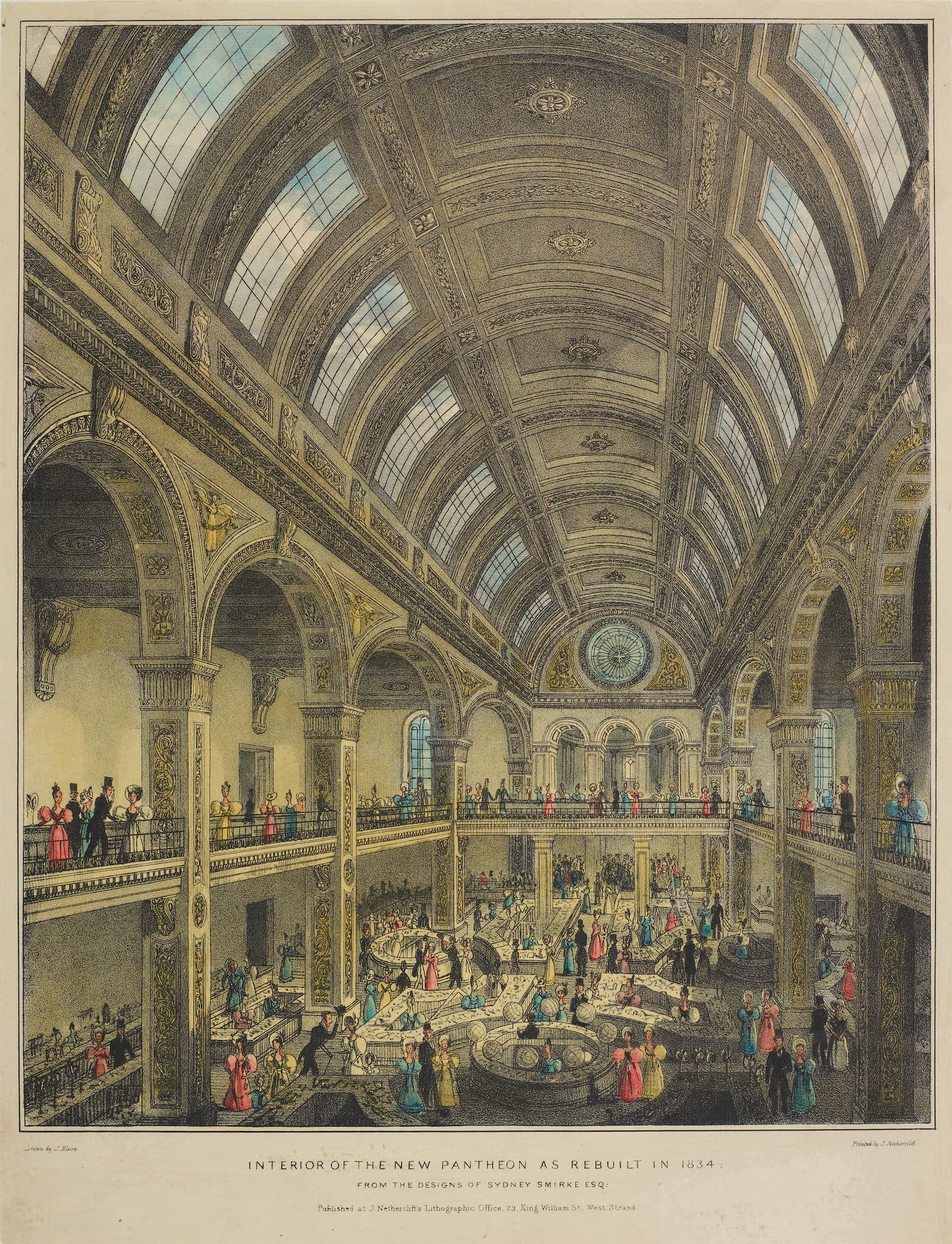 Interior view of the new Pantheon building with a high roof and stalls  with people moving around