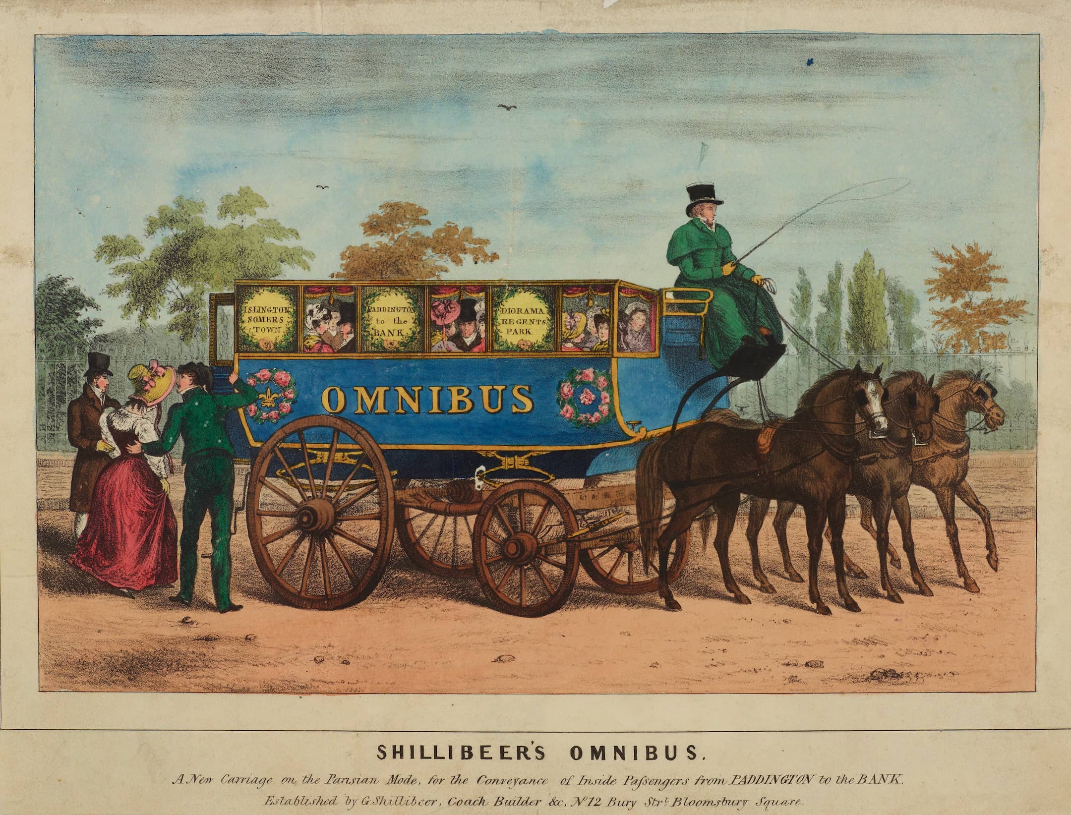 three horses are at the front of an omnibus vehicle with a woman about to board.