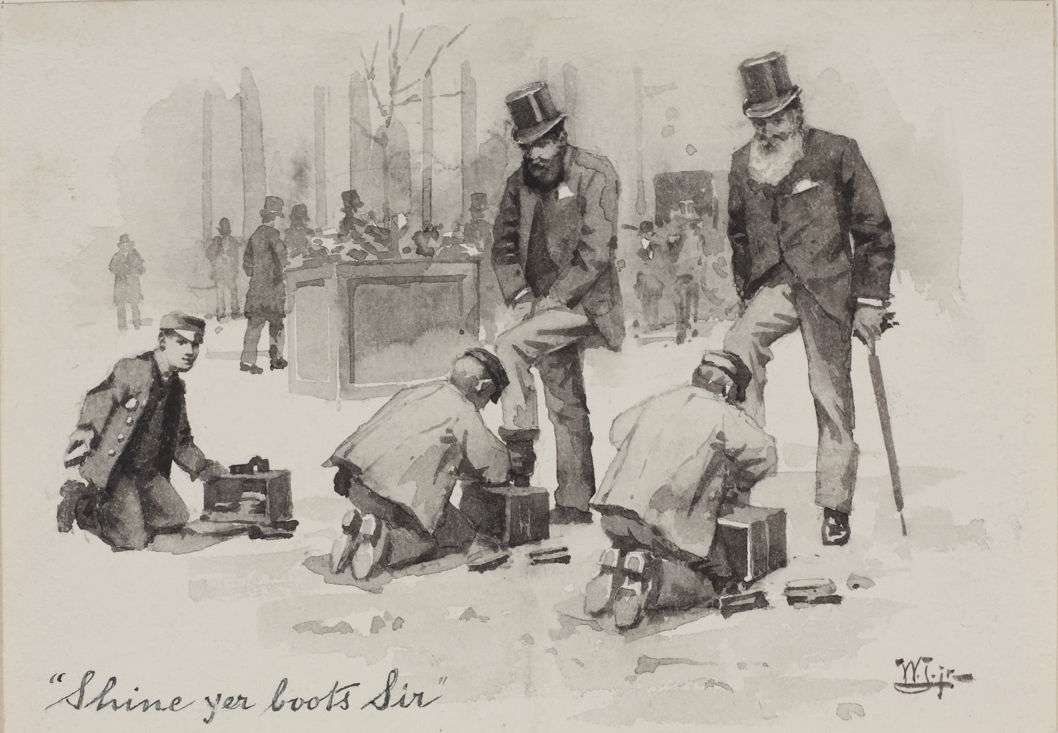 men in top hats have their boots shined by boys on the ground