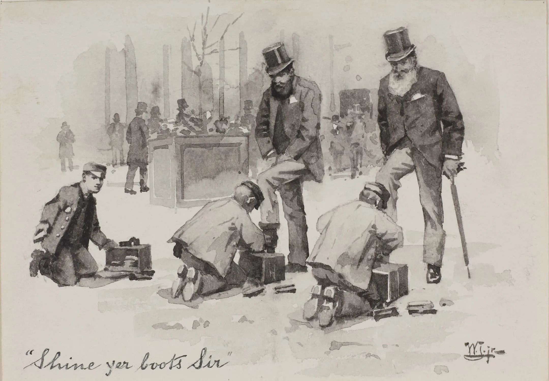 men in top hats have their boots shined by boys on the ground