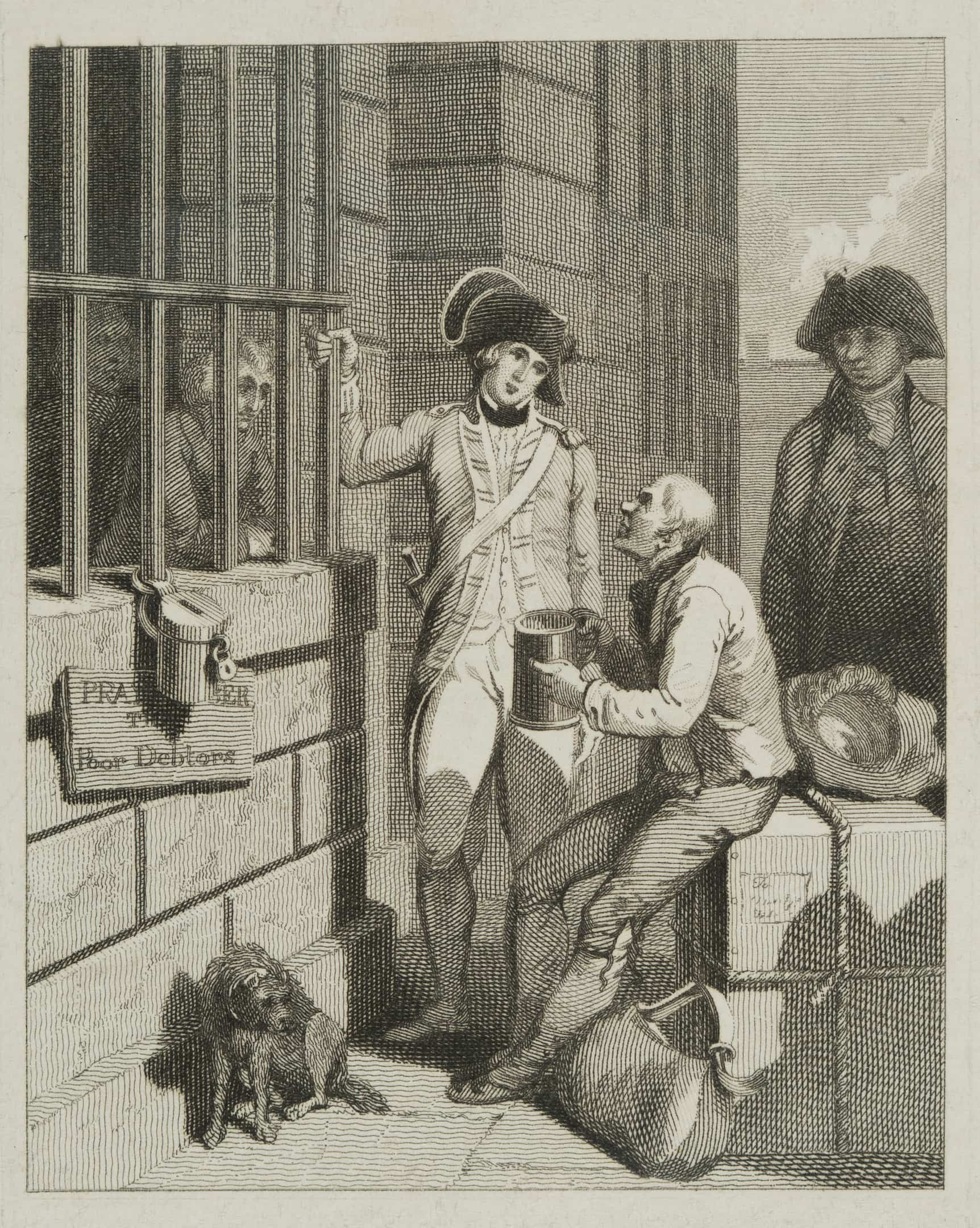 a man and guardsman are outside the debtors grate at Fleet Prison with a dog cowering on the ground