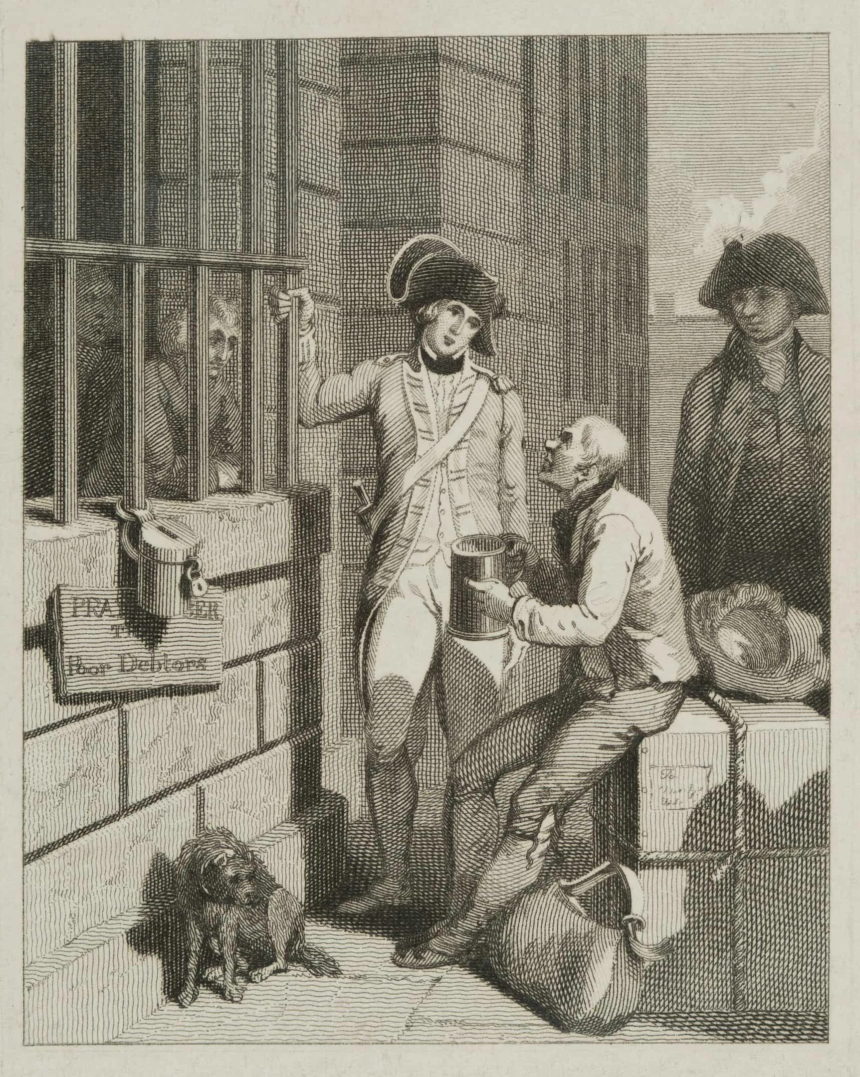 a man and guardsman are outside the debtors grate at Fleet Prison with a dog cowering on the ground