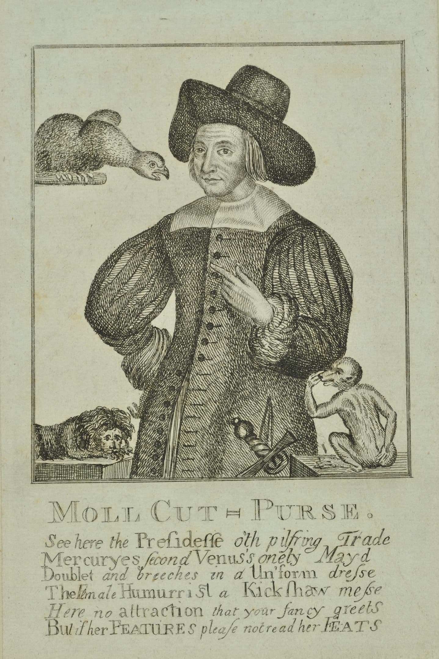 a woman in man's attire with a large hat