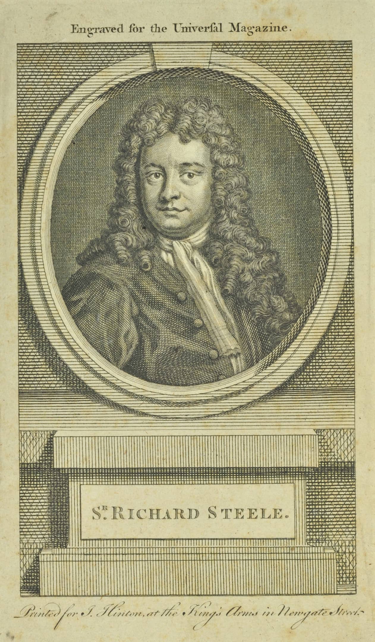 a man in a wig, white collar and dark jacket looking out from an oval frame