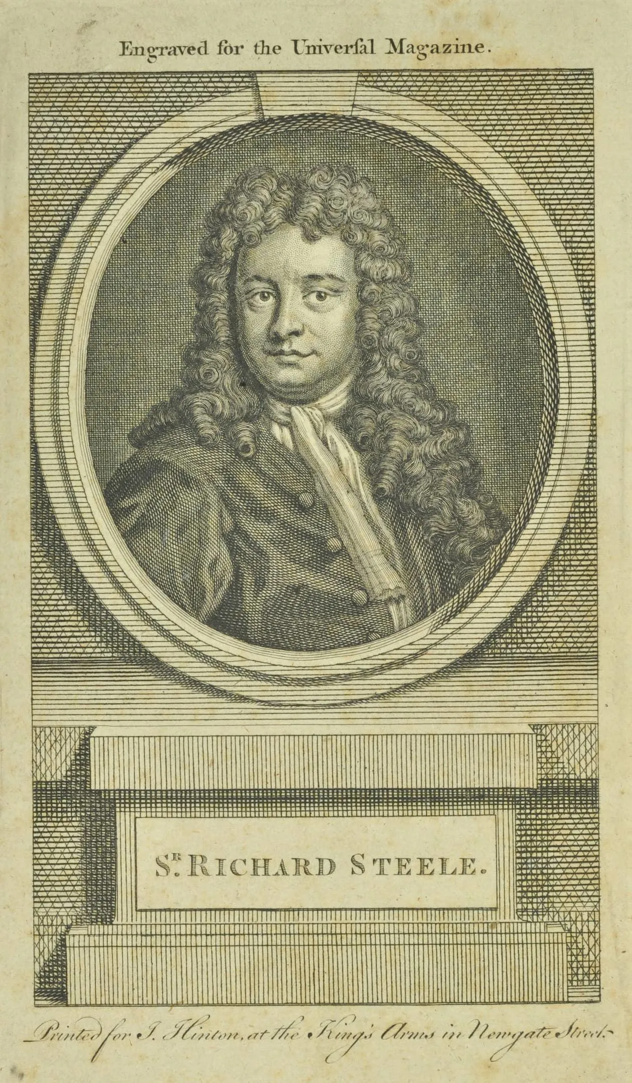 a man in a wig, white collar and dark jacket looking out from an oval frame