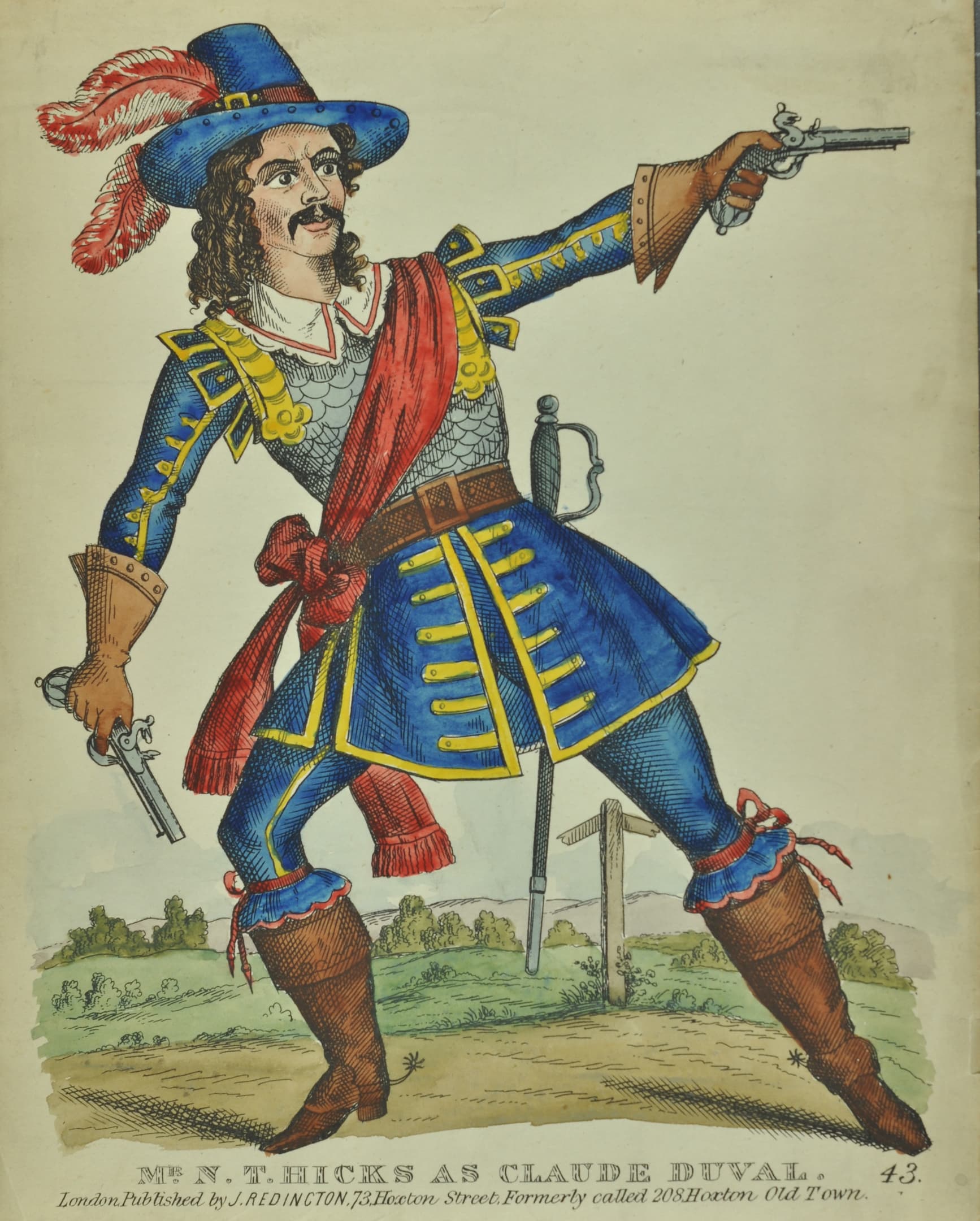a man in a colour highwayman outfit with a gun in each hand and twi red feathers in his cap