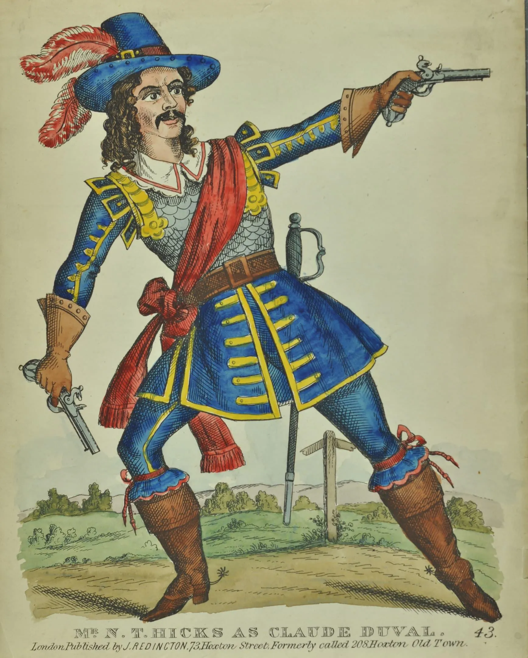 a man in a colour highwayman outfit with a gun in each hand and twi red feathers in his cap