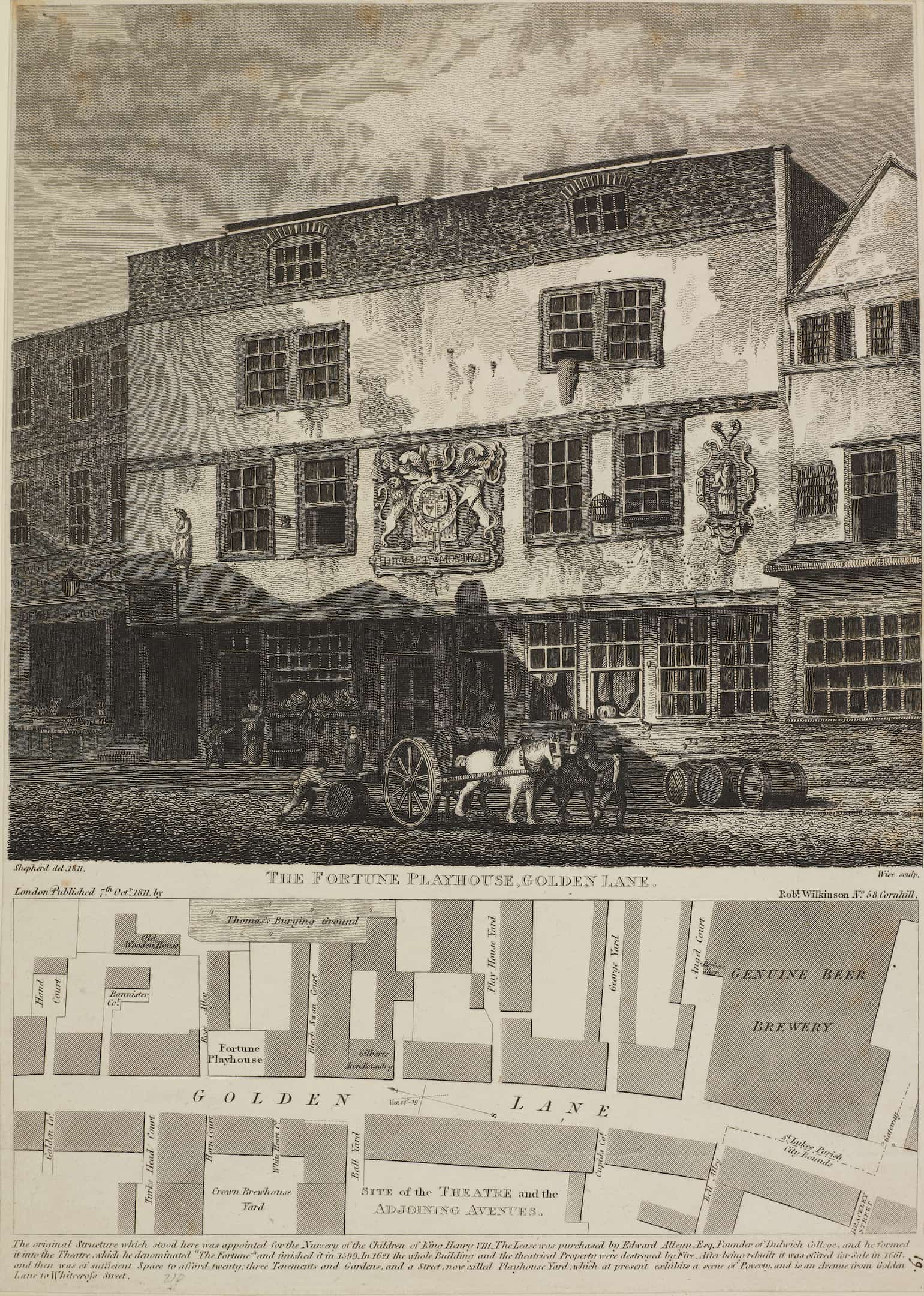 a theatre building with horse and carriage outside and map at the bottom