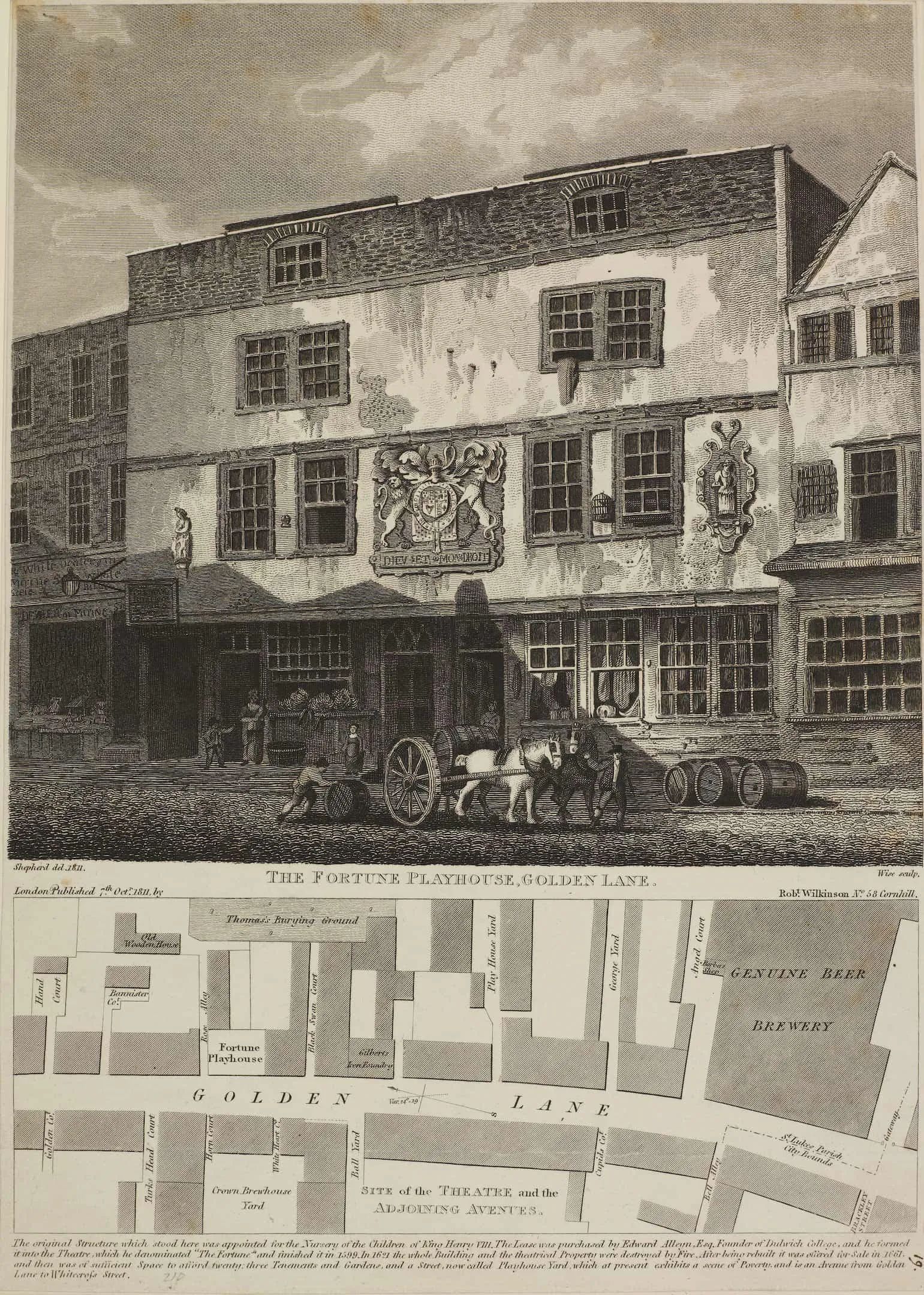 a theatre building with horse and carriage outside and map at the bottom