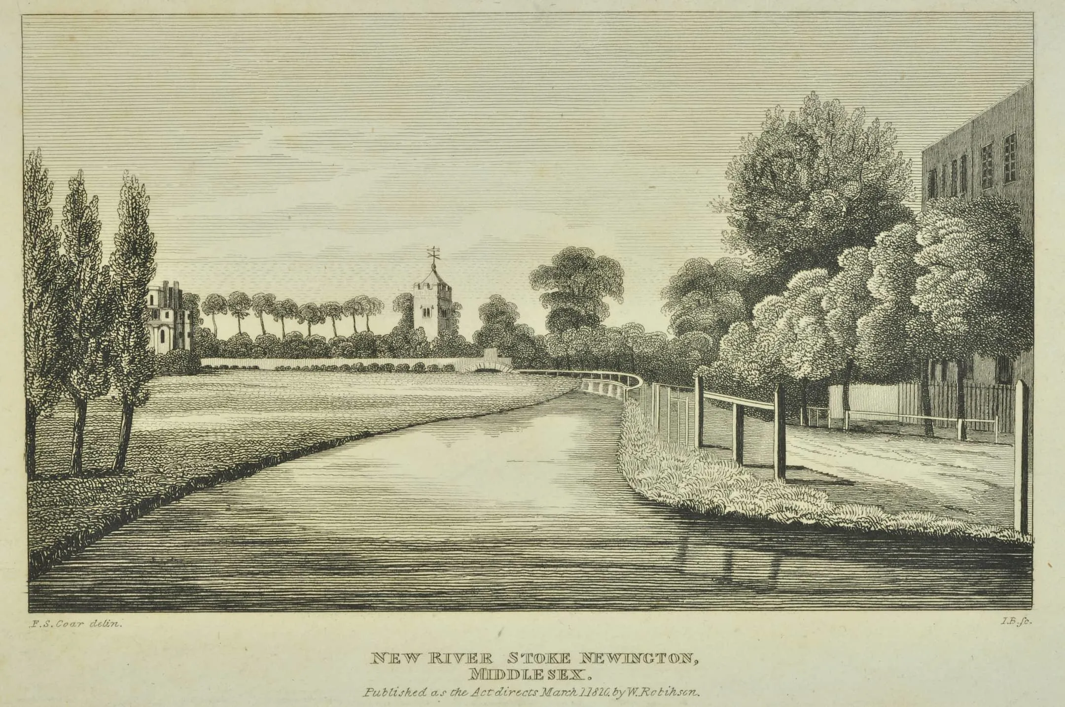 A river with trees alongside and a church on the horizon.