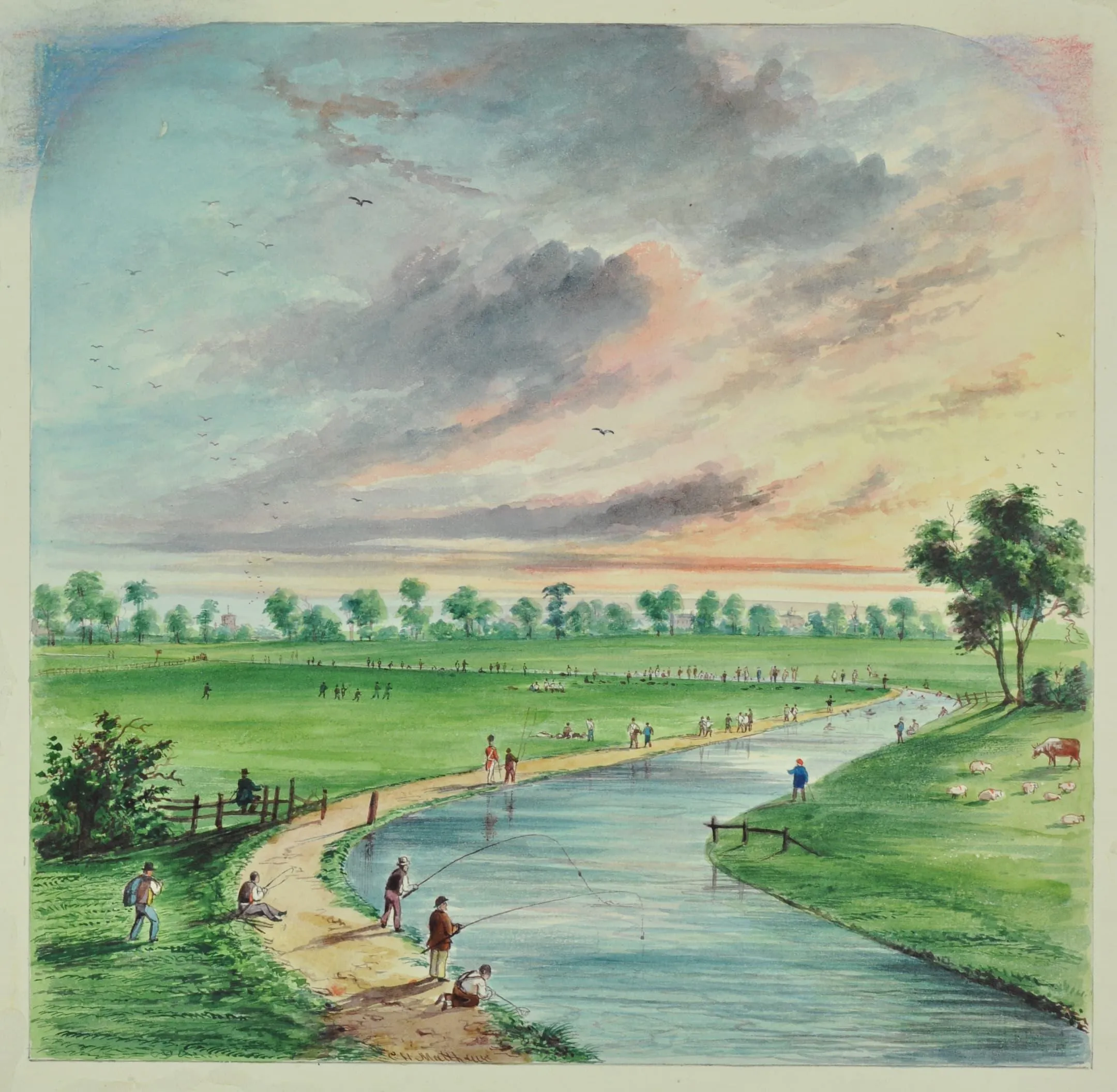 fishing in the new river with trees underneath a pink sky