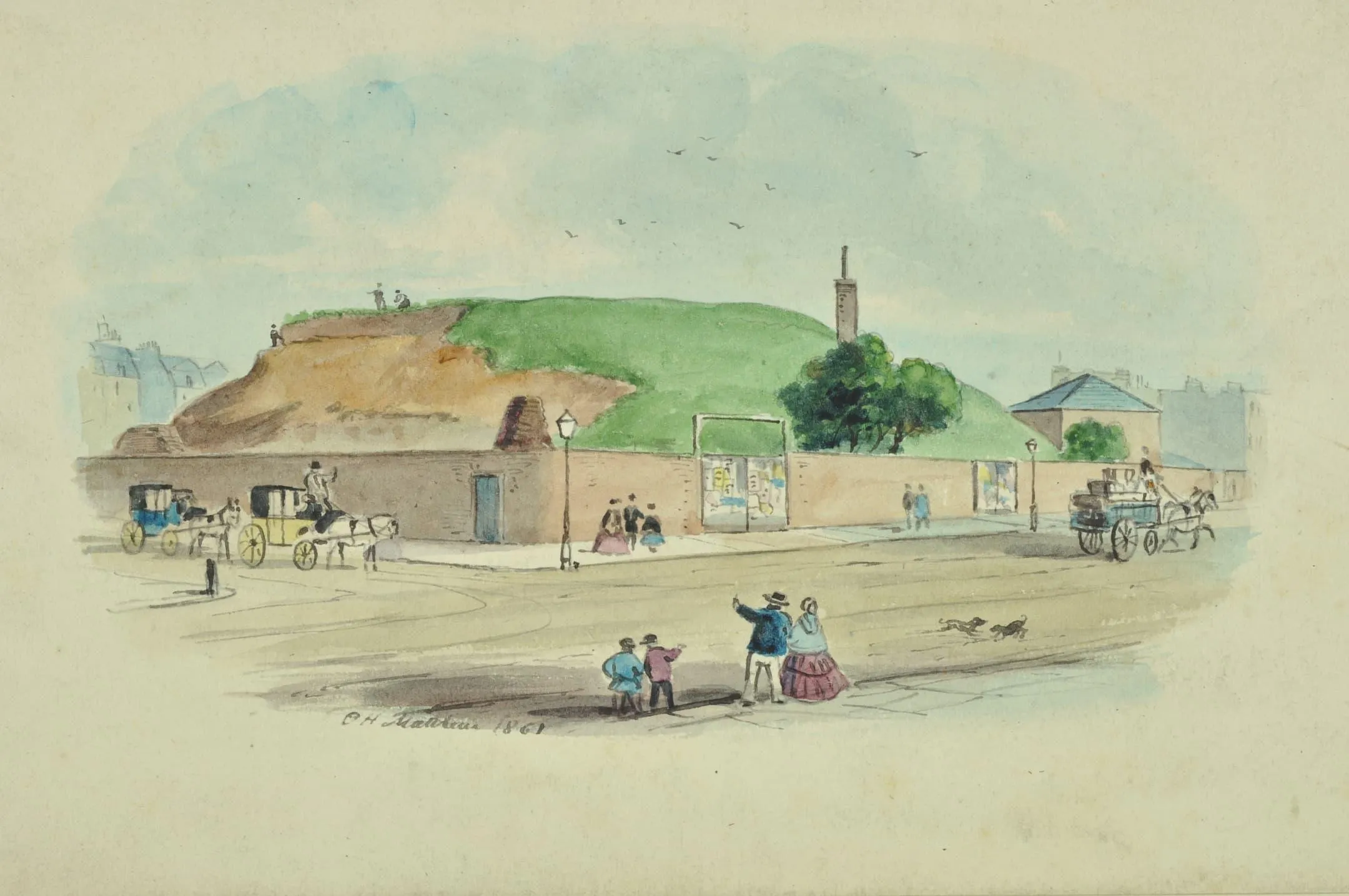 reservoir atop a mound and surrounded by a wall