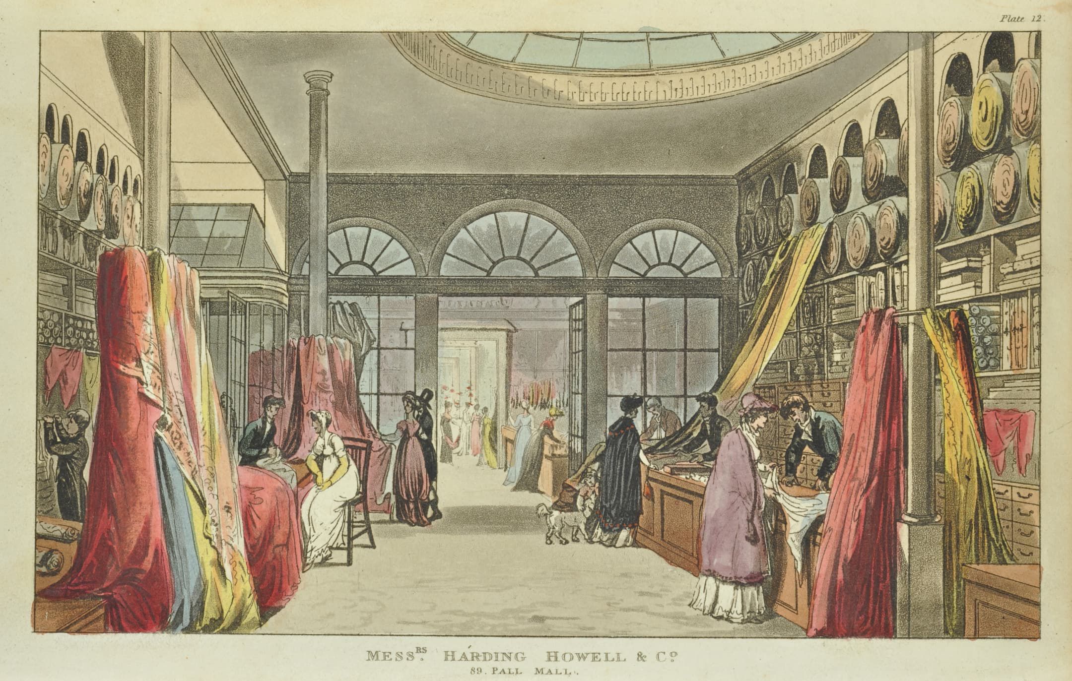 interior of drapers with colourful cloth and people in regency dress