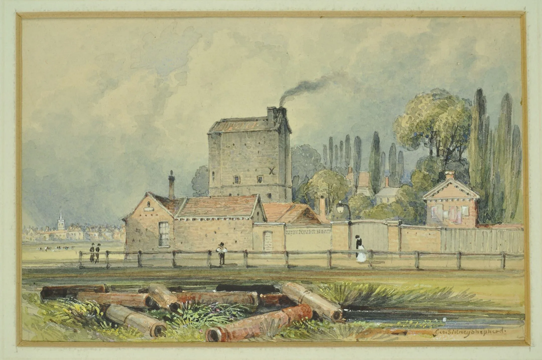 New River Head Engine House with pipes in the foreground.