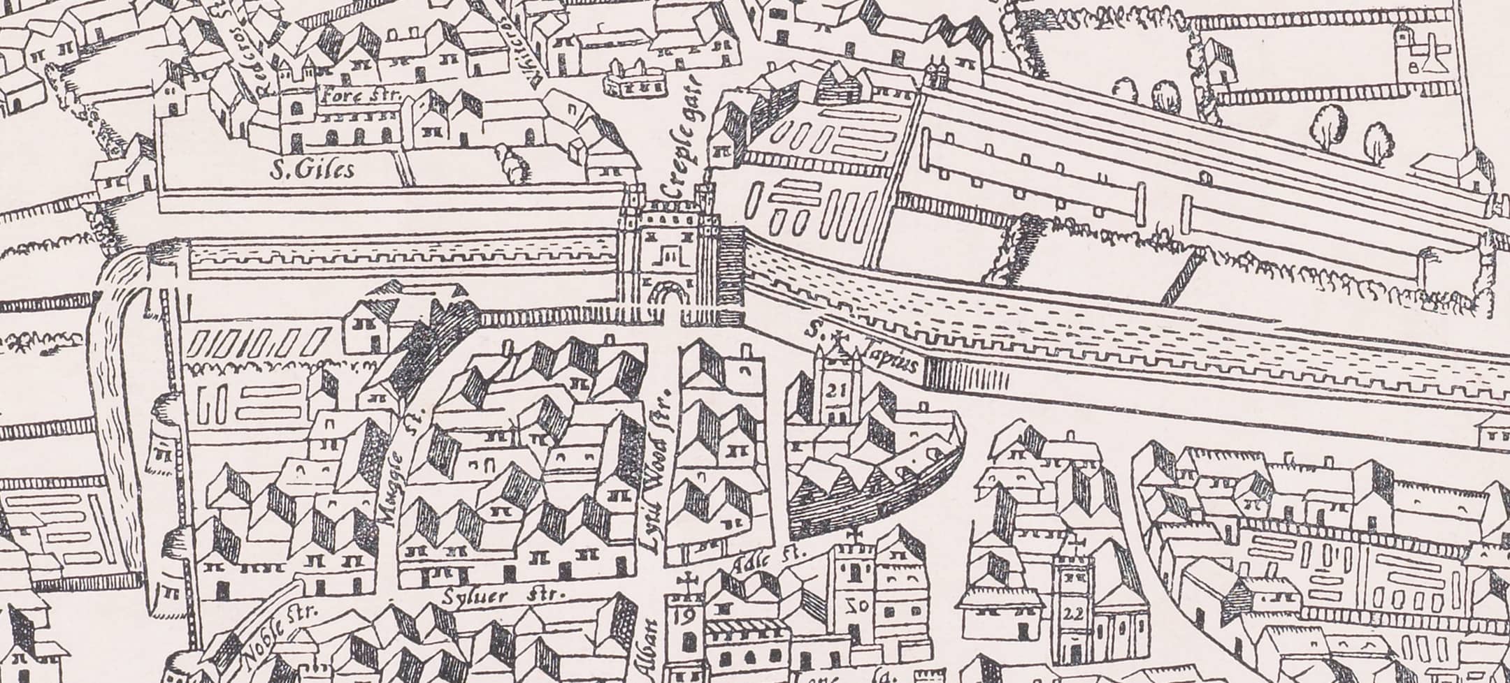 a woodcut map showing the tops of houses and a church behind a wall
