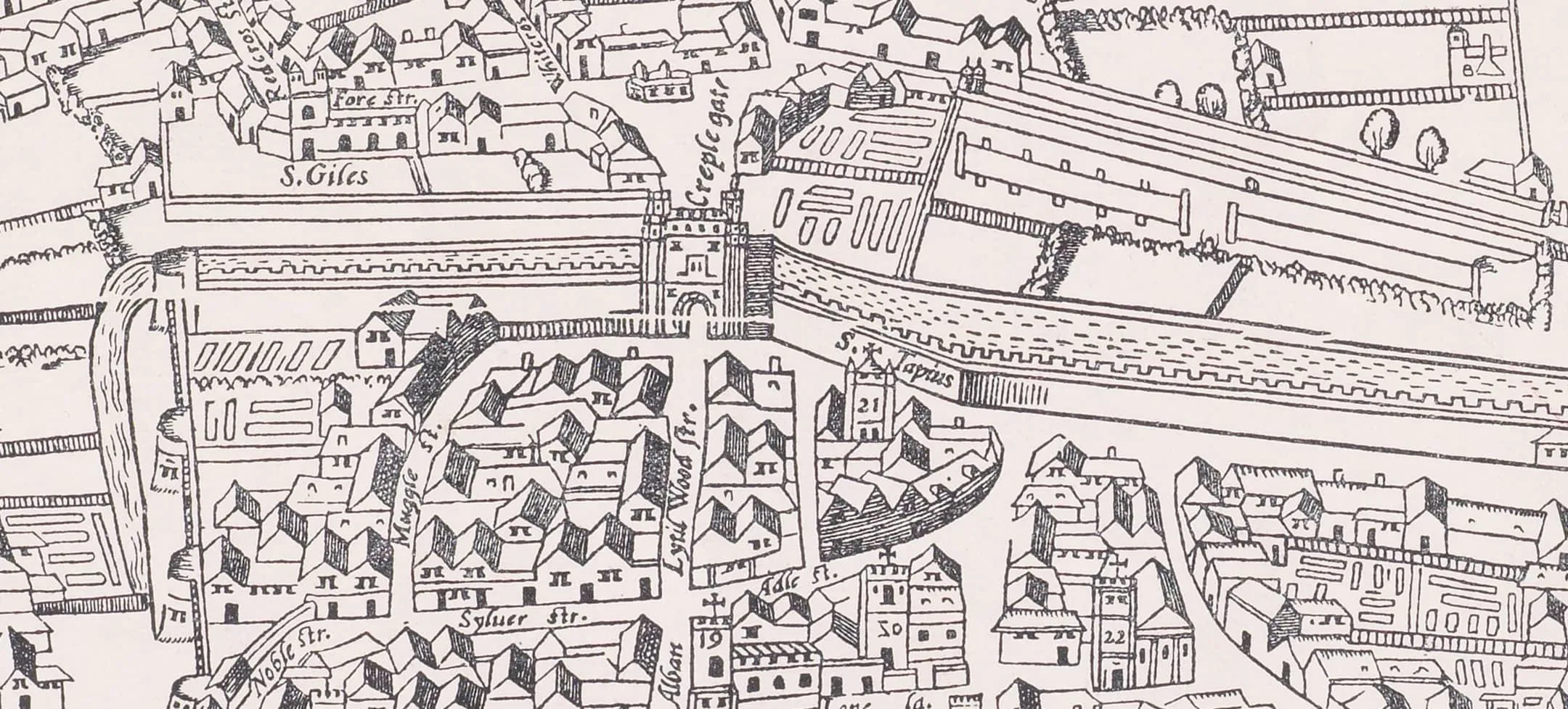 a woodcut map showing the tops of houses and a church behind a wall