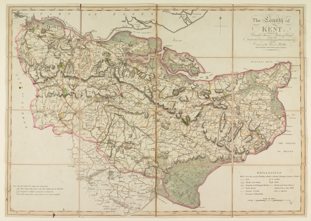 County of Kent map showing the intended Thames and Medway Canal, c.1800