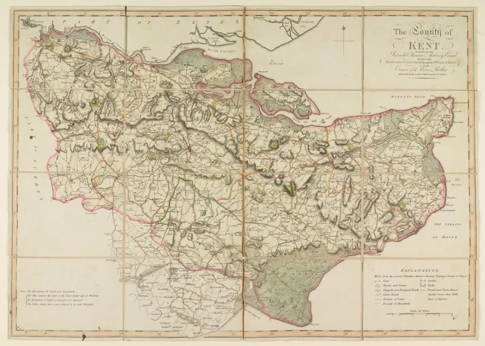 County of Kent map showing the intended Thames and Medway Canal, c.1800